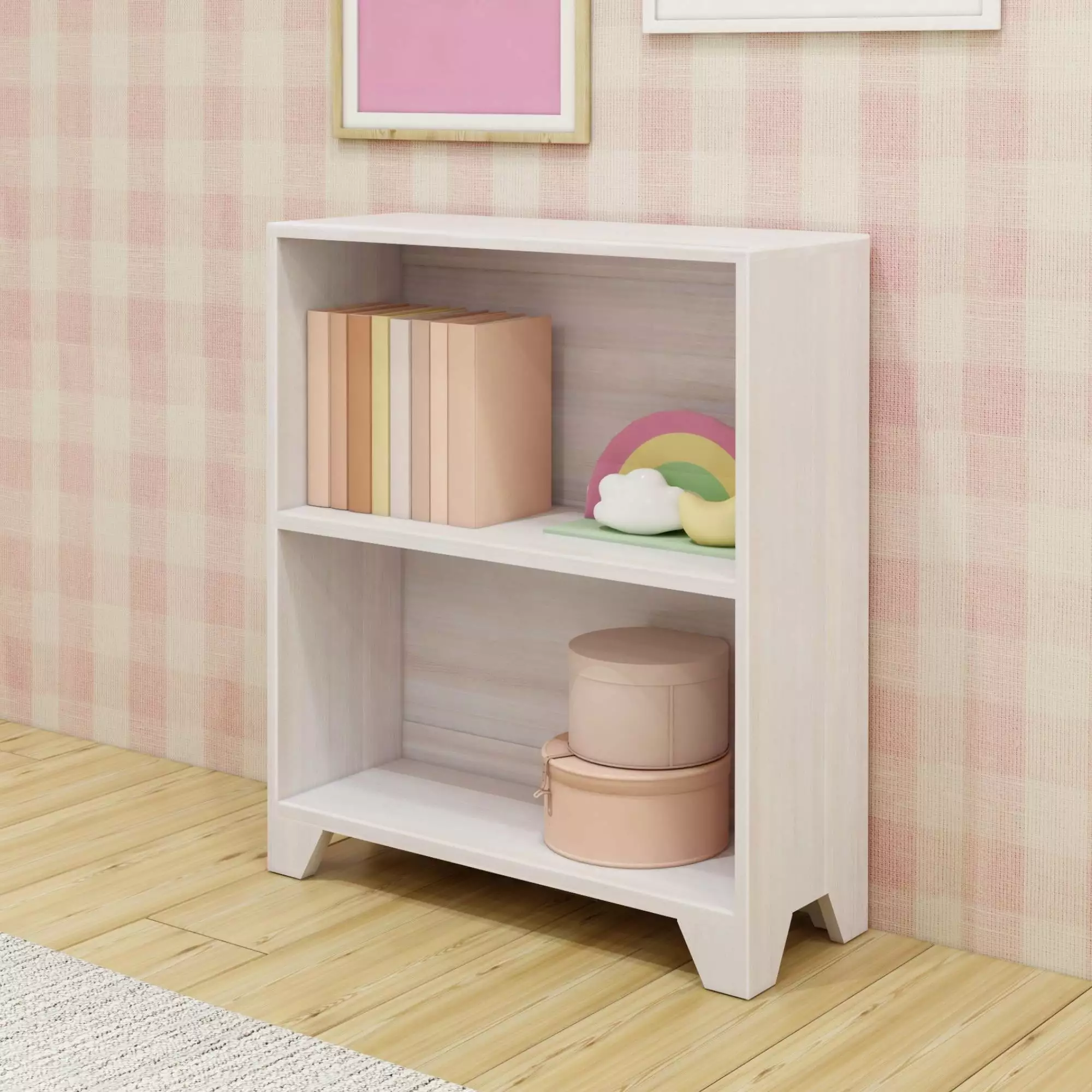 Max & Lily Bookshelf. 2 Shelf Bookcase Modern Farmhouse Wooden Shelves for Bedroom. White Wash