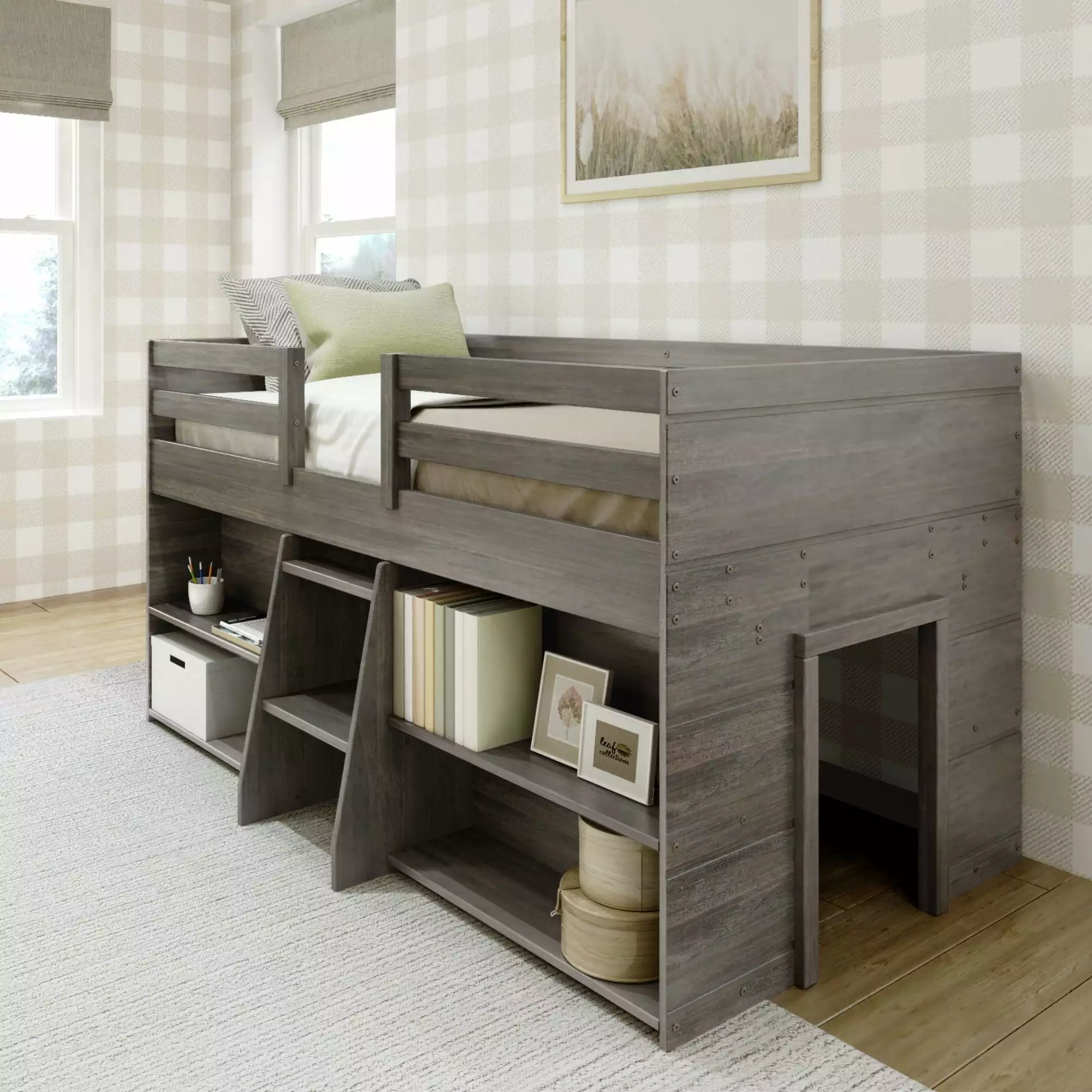 Max & Lily Modern Farmhouse Low Loft Bed. Twin Bed Frame for Kids with 2 Bookcases. Driftwood