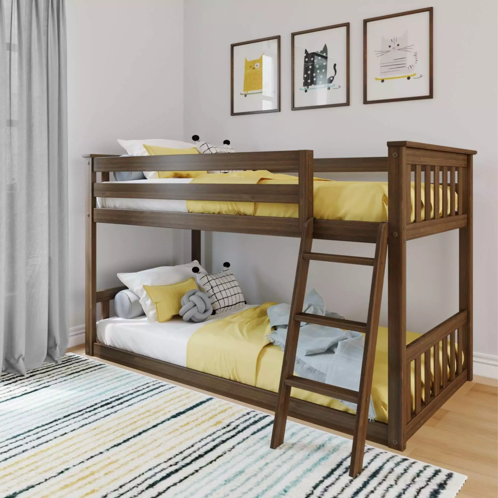 Max & Lily Twin over Twin Bunk Bed for Kids. Solid Wood Low Bunk Beds with Ladder for Small Room. Walnut