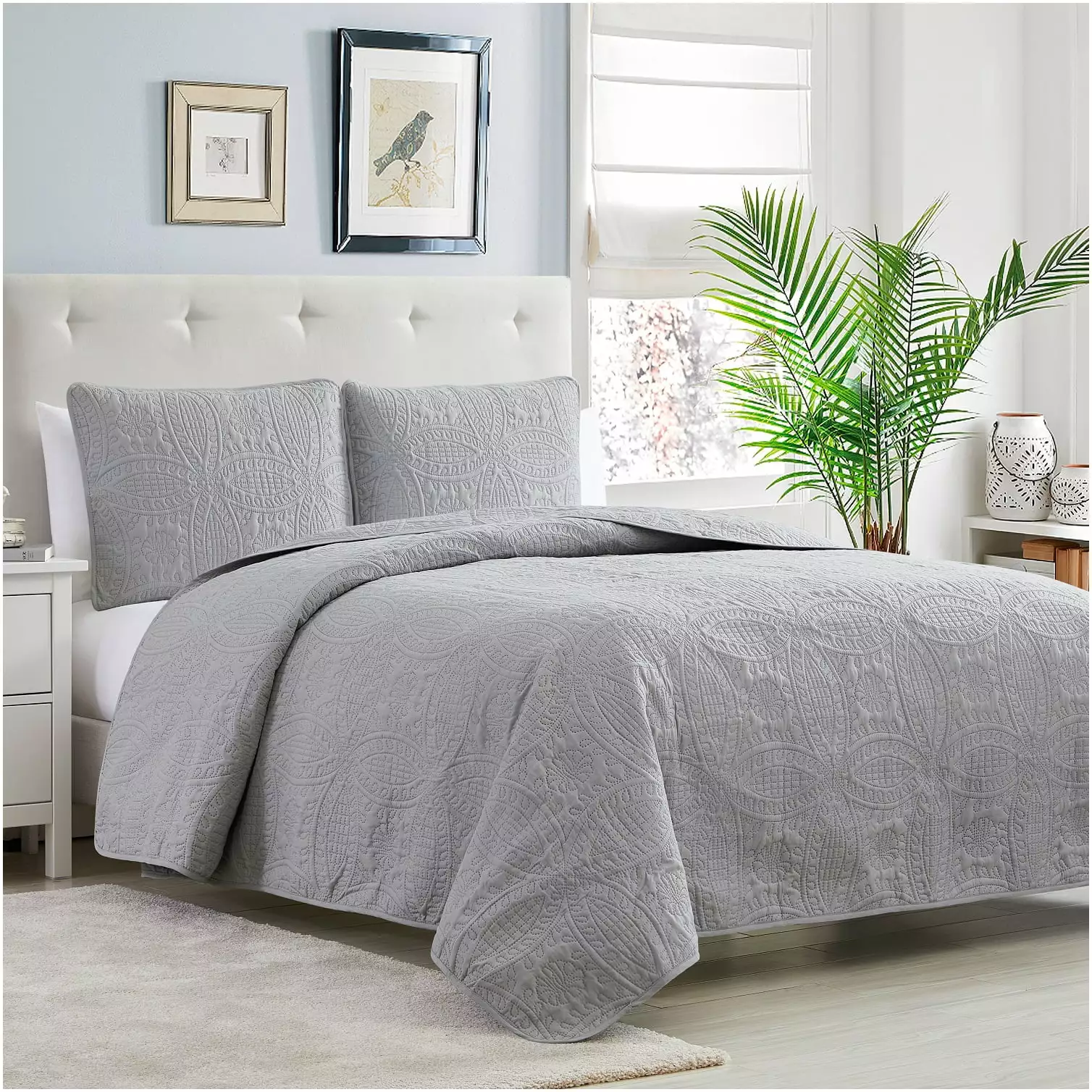 Mellanni Bedspread Coverlet Set Light-Gray - Reversible Bedding Cover - Oversized Quilt Set. 3 Piece. Full / Queen. Light Gray