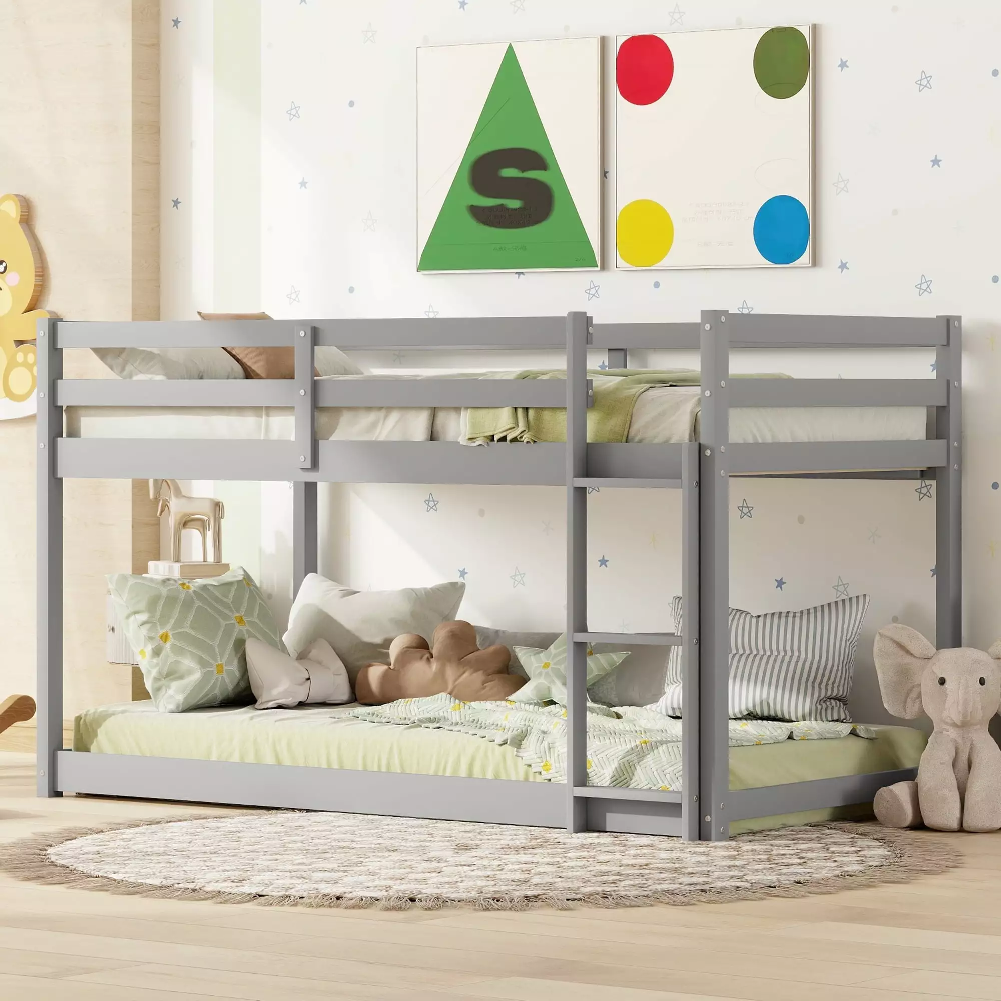 Merax Twin over Twin Floor Bunk Beds with Ladder and Guardrail. Gray