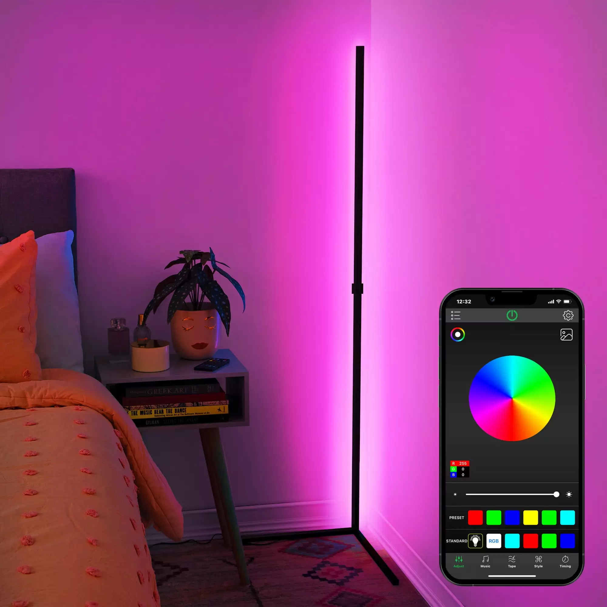 Merkury Innovations 4.6ft Multicolor Metal Corner Lamp with Bluetooth App Control. USB Powered Wall Adapter