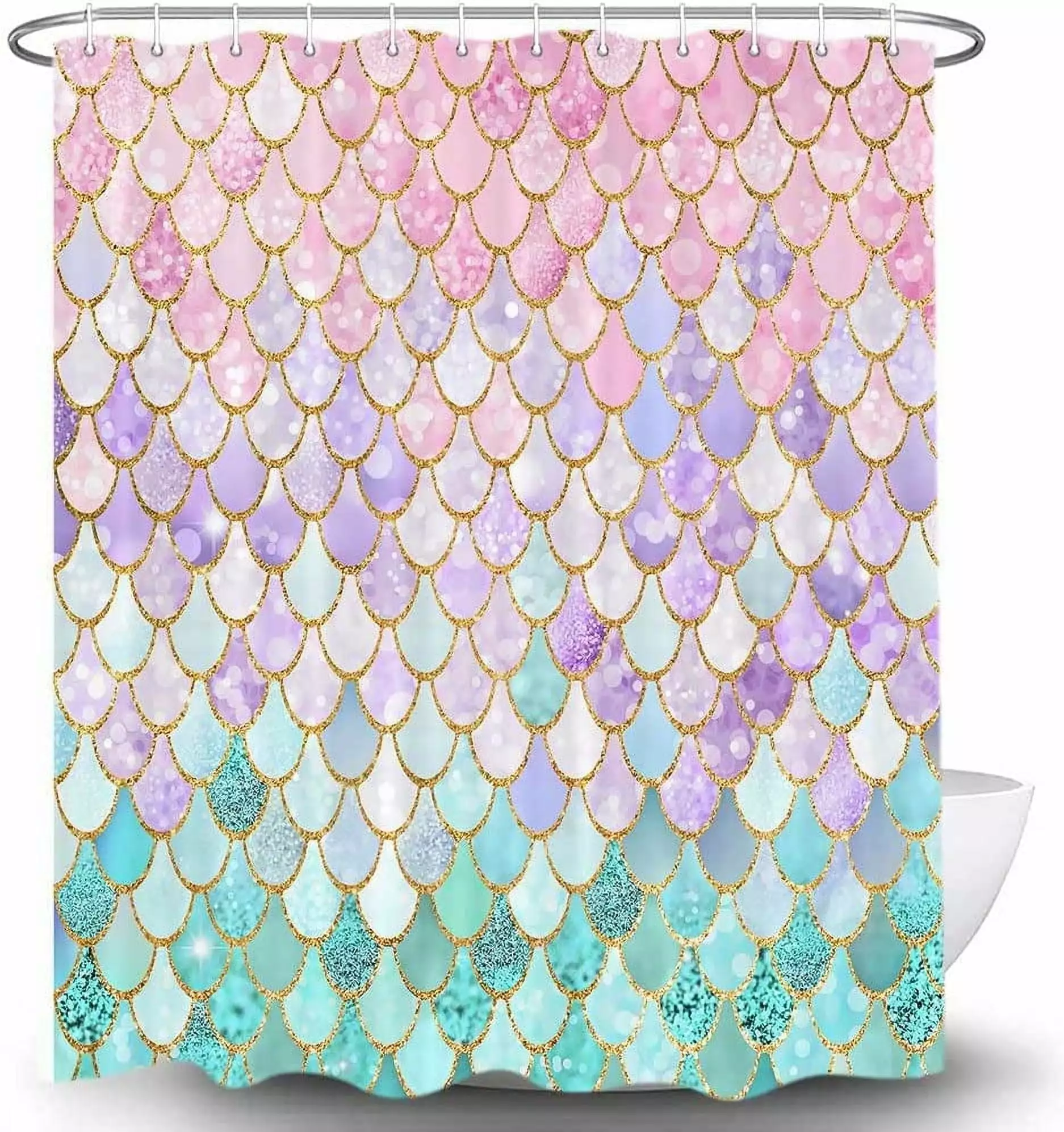 Mermaid Themed Shower Curtain. Mermaid Scales Pink Blue Purple Green Girls Shower Curtains for Bathroom. Fairytale Colorful Waterproof Fabric Kids Bathroom Decor Sets with Hooks