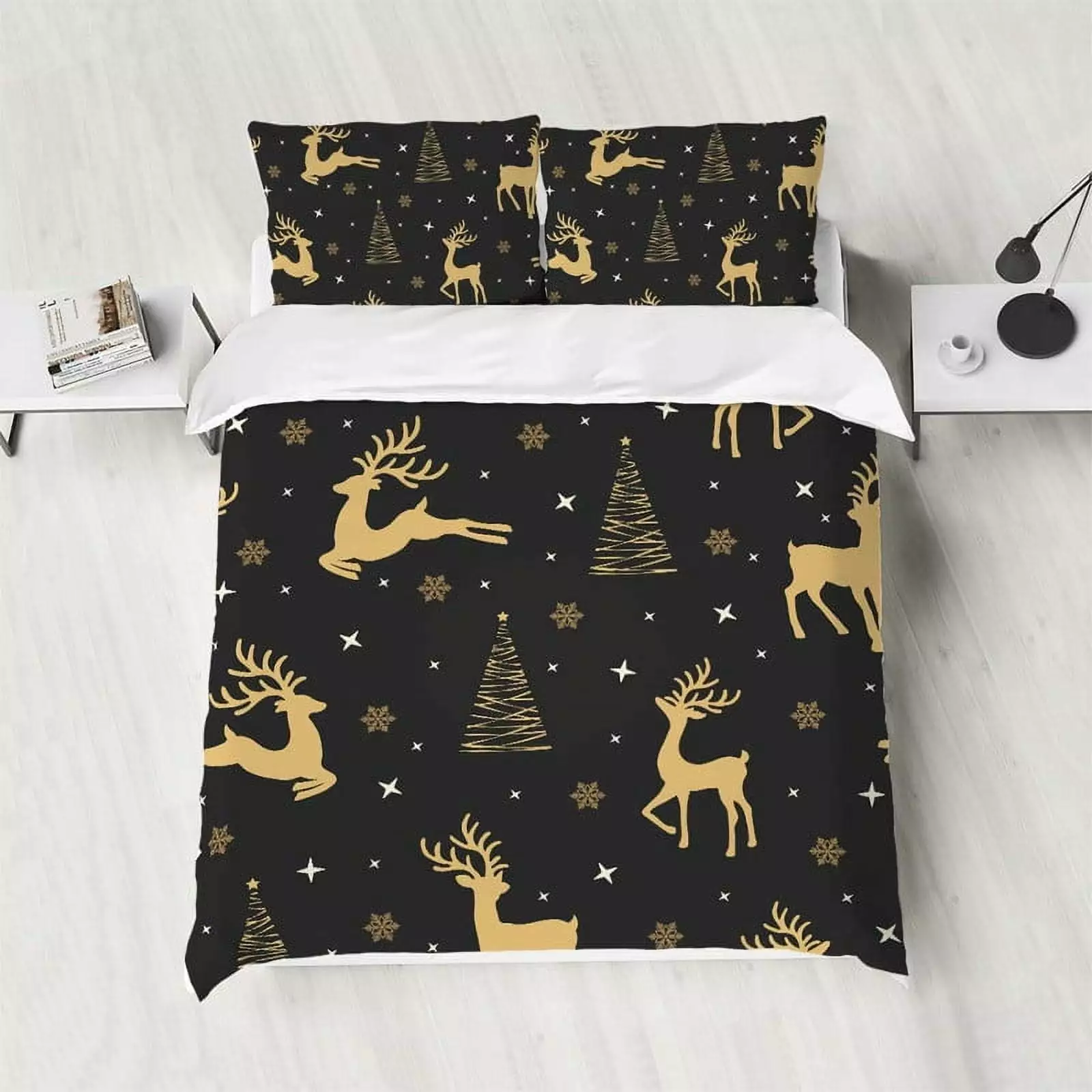 Merry Christmas Bedding Set. Christmas Tree Elk Print Men's and Women's Bedroom Bedding Set with 1 Duvet Cover and 2 Pillow Cases