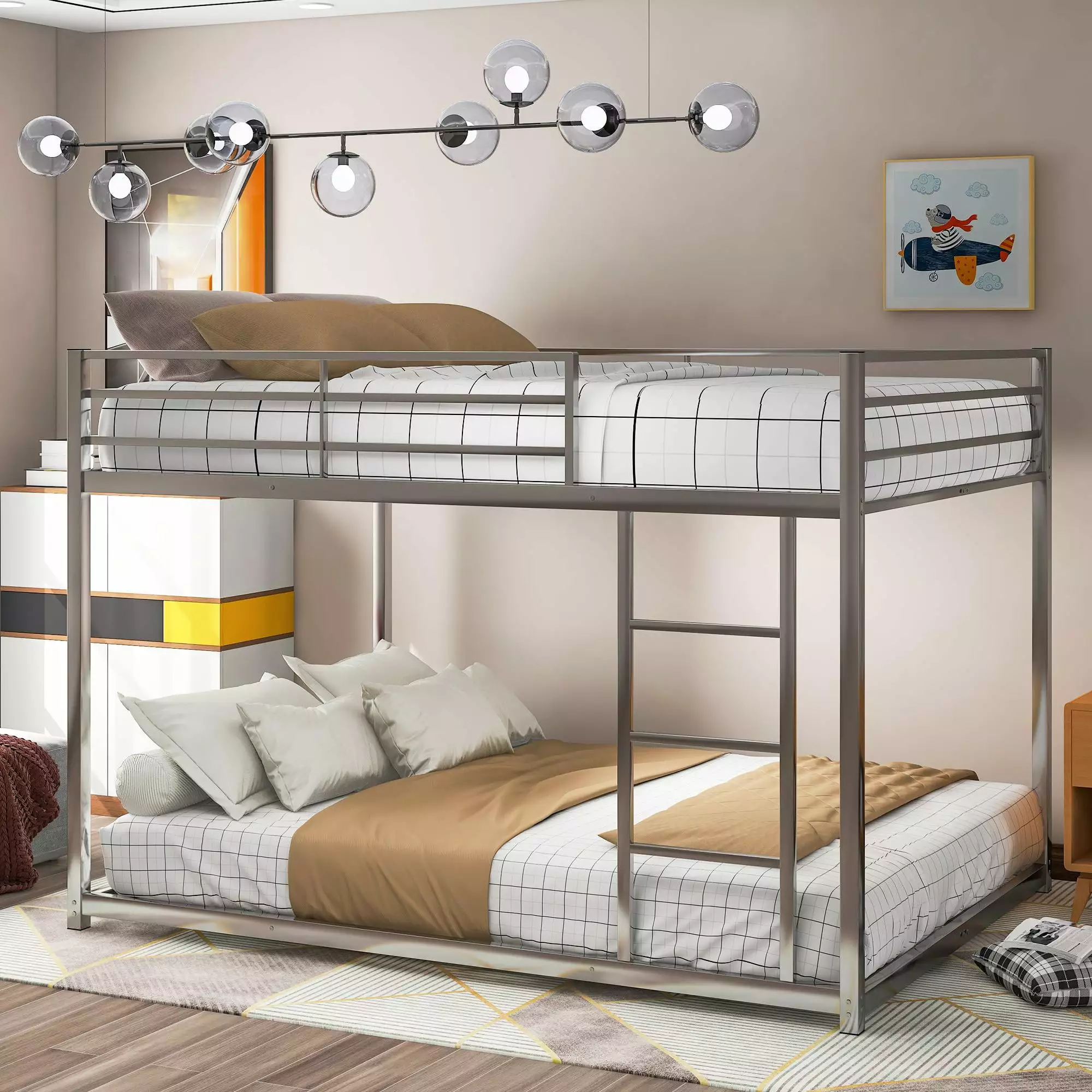 Metal Bunk Bed with Ladder. Full Over Full Low Bunk Bed with Safety Guard Rails. Floor Bunk Bed. Heavy Duty Metal Bunk Bed with Sturdy Steel Slats Support. for Teens. No Box Spring Required. Silver