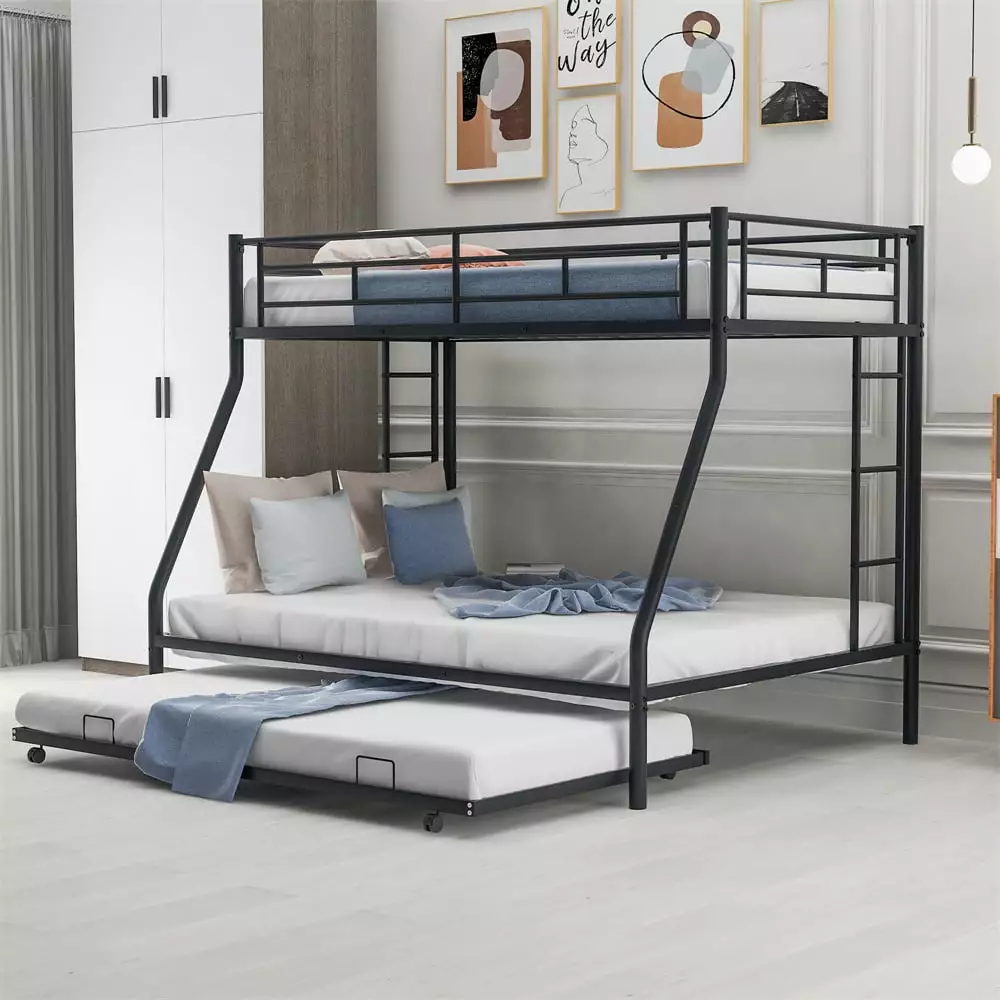 Metal Bunk Bed. Upgraded Twin over Full Bed Frame with Twin Size Trundle Heavy Duty Bunk Bed with 2 Ladders and Safety Guard Rail for Adults Teens Noise Free Space-Saving Easy to Assemble. Black