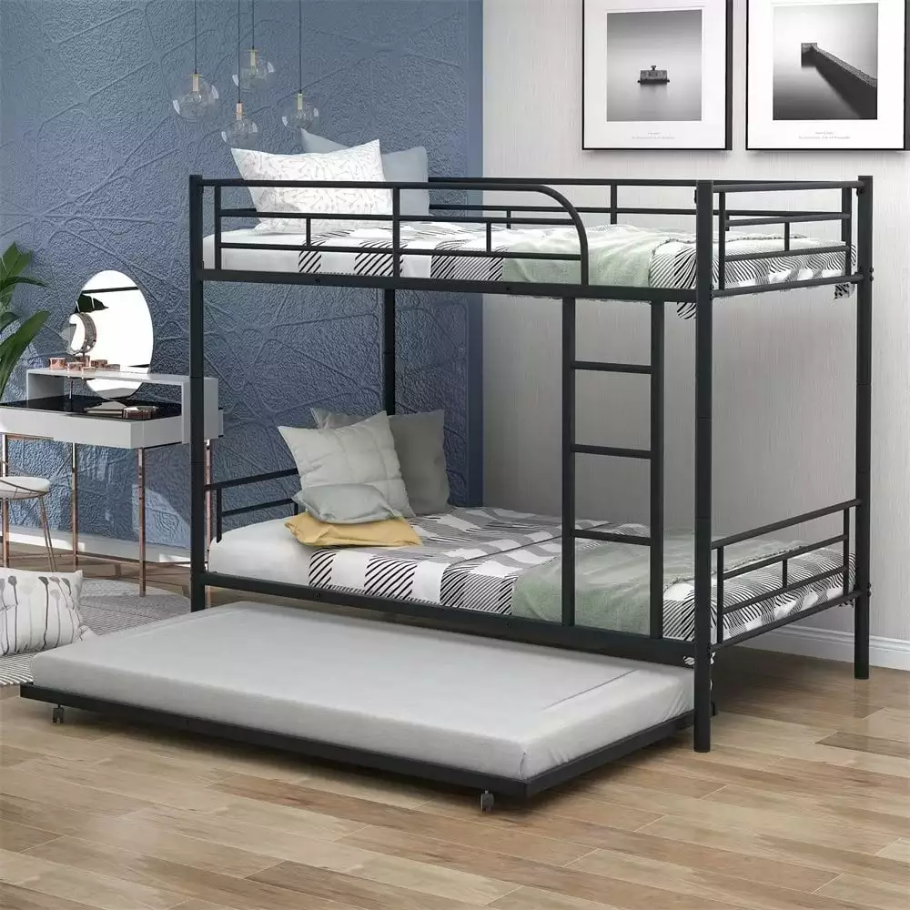 Metal Bunk Bed with Lockable Trundle. Twin over Twin Bunk Beds. Triple Beds Can be Divided into 2 Beds for Kids Boys Girls. Black