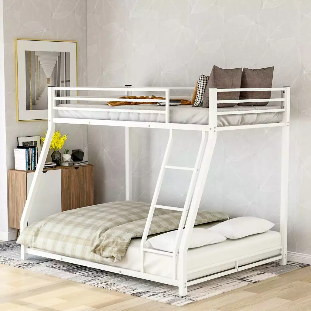 Metal Floor Bunk Bed.Twin over Full Low Bunk Bed. Heavy Duty Frame.with Sloping Ladder and Safety Guardrails.for Kids Teens Adults.No Box Spring Needed.White