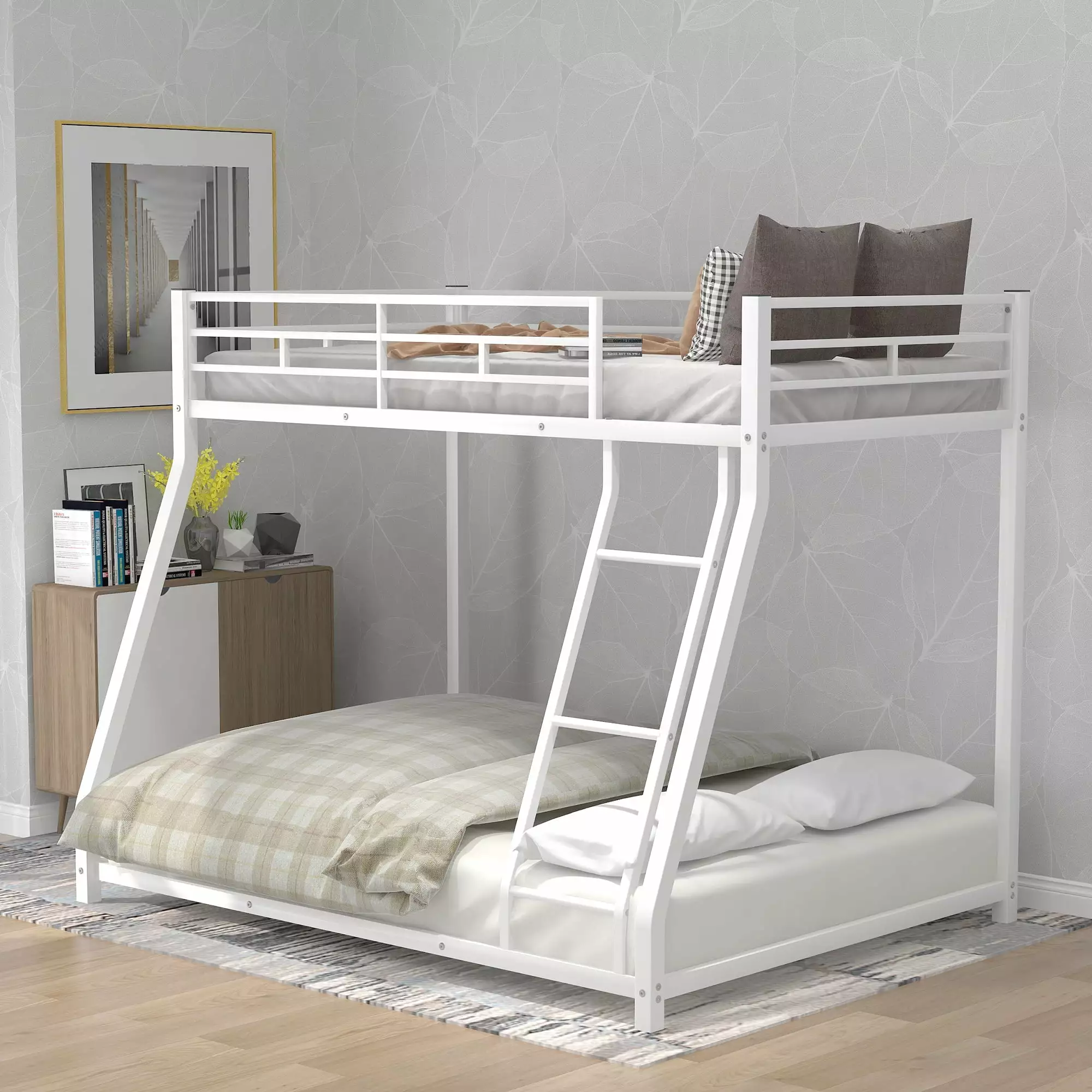 Metal Floor Bunk Bed. Twin Over Full Low Bunk Bed. Heavy Duty Bunk Bed Frame with Sloping Ladder and Safety Guardrails for Boys Girls Teens Adults. No Box Spring Needed. Easy Assembly. White