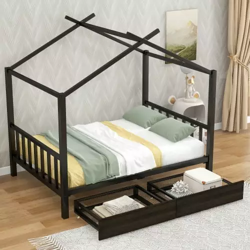 Metal Full House Bed for Kids. Full Montessori Bed with 2 Drawers. Full Size Platform Bed Frame with Roof. Headboard & Footboard. House Storage Platform for Kids. Teens. Girls and Boys. Black