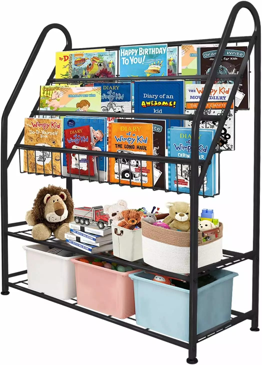 Metal Kids Black Bookshelf LargeFreestanding for Children Room 32 in Toy Organizer Large Stable Bookcase Bookstore Library Book Unit Storage Kids Bed Living Room