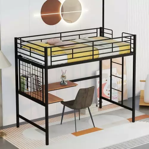 Metal Loft Bed. Twin Loft Bed with Desk. Ladder and Safety Guardrails. Multifunctional Full Loft Beds Space-Saving. Noise Free & No Box Spring Needed. Loft Bed Frame for Juniors&Adults.White