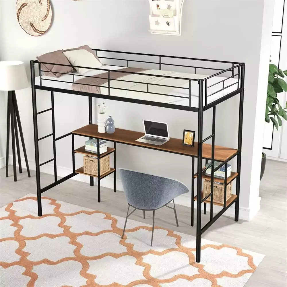 Metal Loft Bed with Table and Shelves. Twin Size High Loft Bed Frame with 2 Built-in Ladder and Full Length Guardrail for Kids Boys Girls. Black