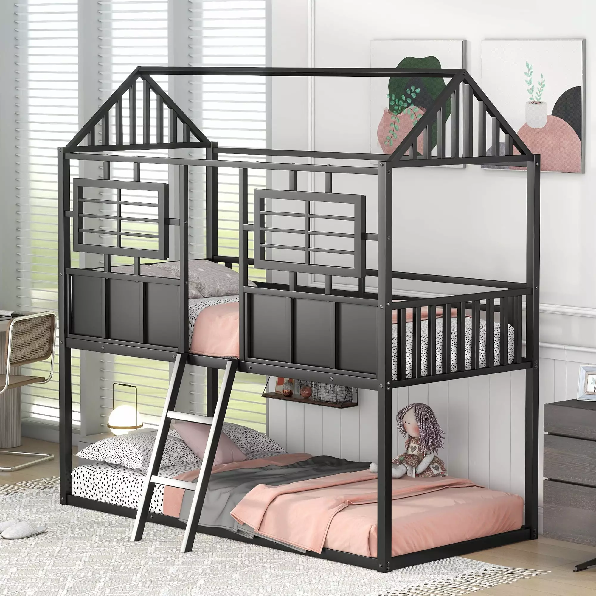 Metal Twin Bunk Bed with House-Shaped Roof and Window for Kids. Black