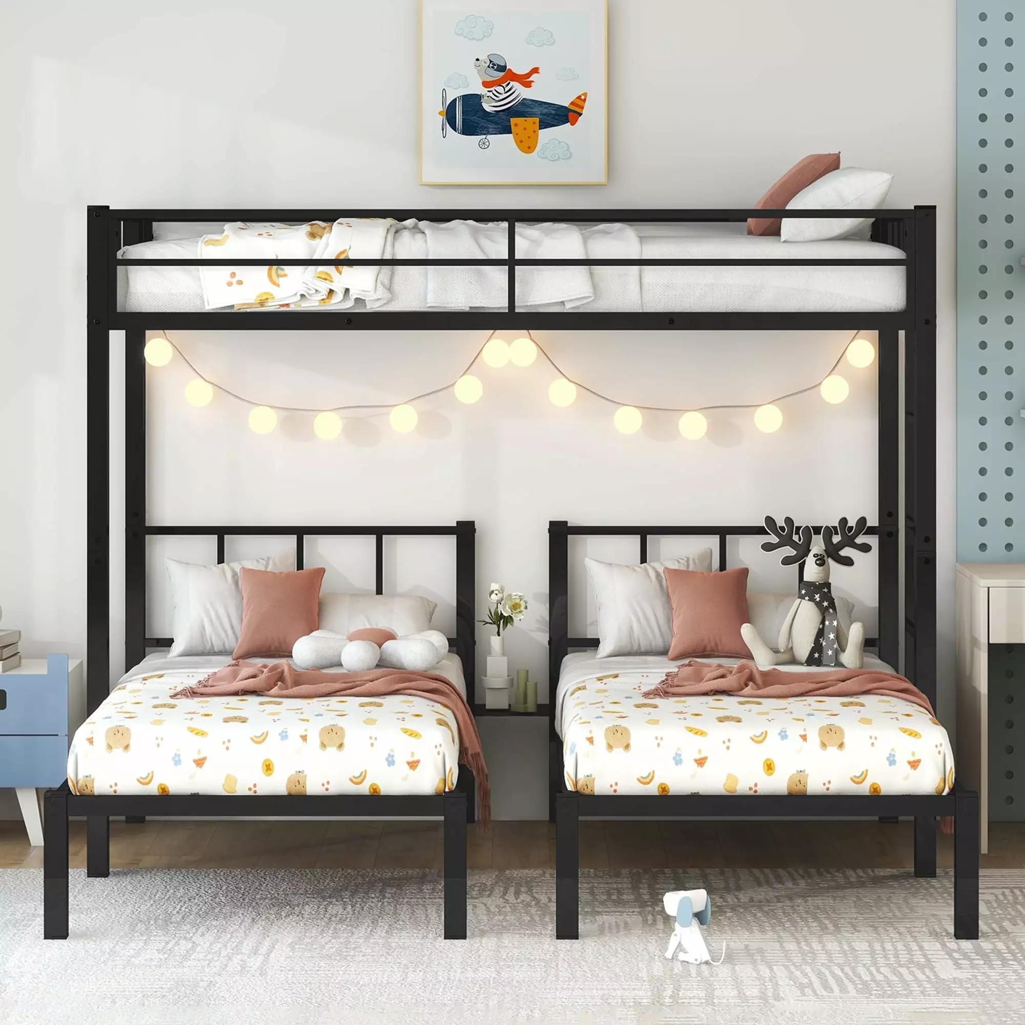 Metal Twin Triple Bunk Bed. Twin over Twin over Twin Bunk Bed for 3 Kids. Noise Reduced Structure. Separates Into 3 Twin Beds. Black