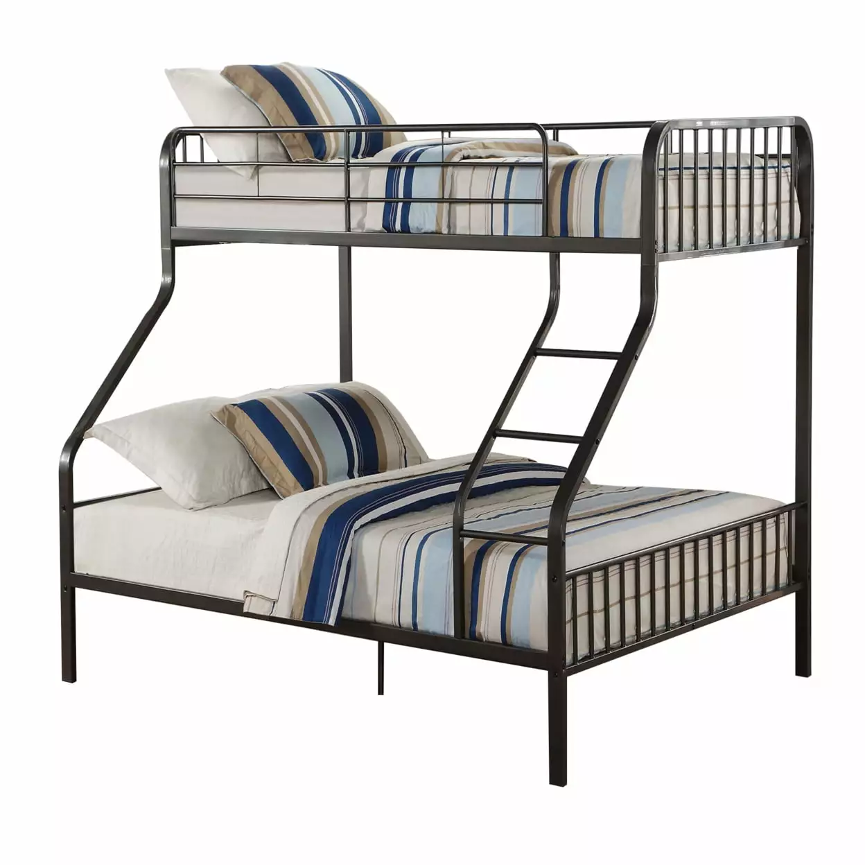 Metal Twin over Queen Size Bunk Bed with Guardrail and Ladder. Gunmetal