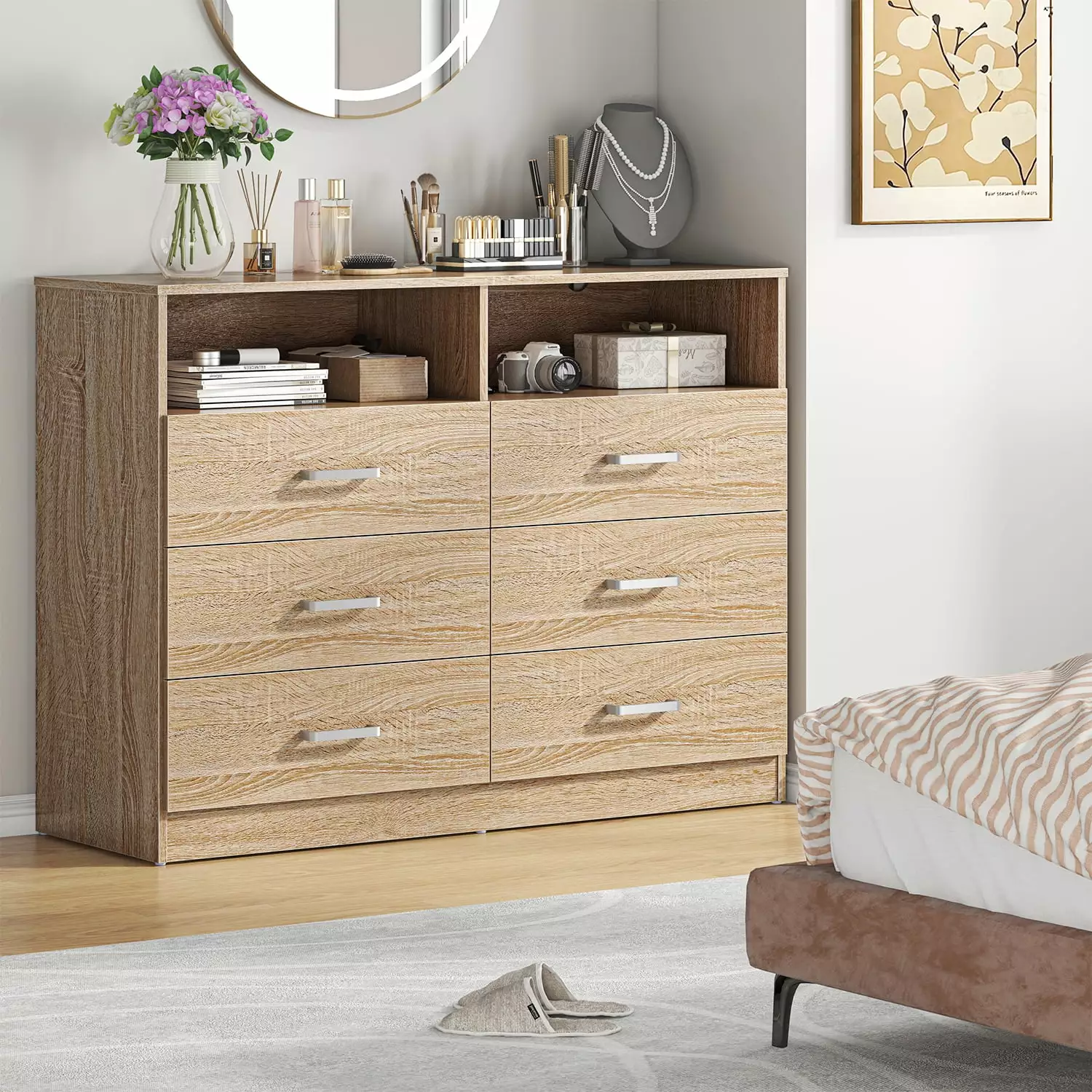 Meteorleg 6 Drawer Dresser with Open Storage.Natural Wood Dresser.Modern Double Dresser for Bedroom.Living Room.Entryway.Light Oak