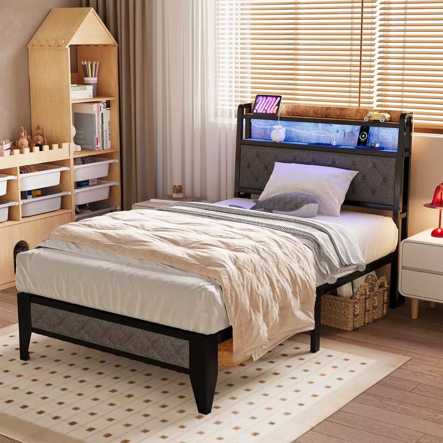 Meteorleg Twin Size Bed Frame with Storage Headboard & Charging Station.Platform Metal Bed Frame with RGB Lights.Grey