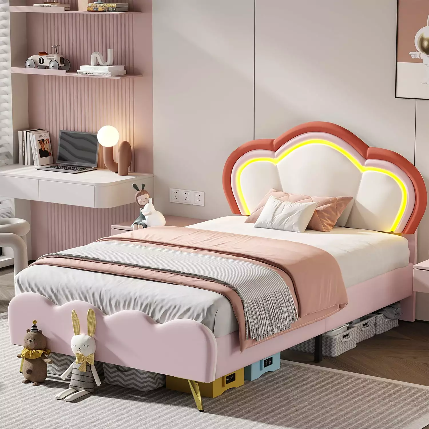 Meteorleg Twin Size LED Bed Frame with Adjustable Headboard.Velvet Upholstered Platform Bed Frame for Kids Girls.Pink