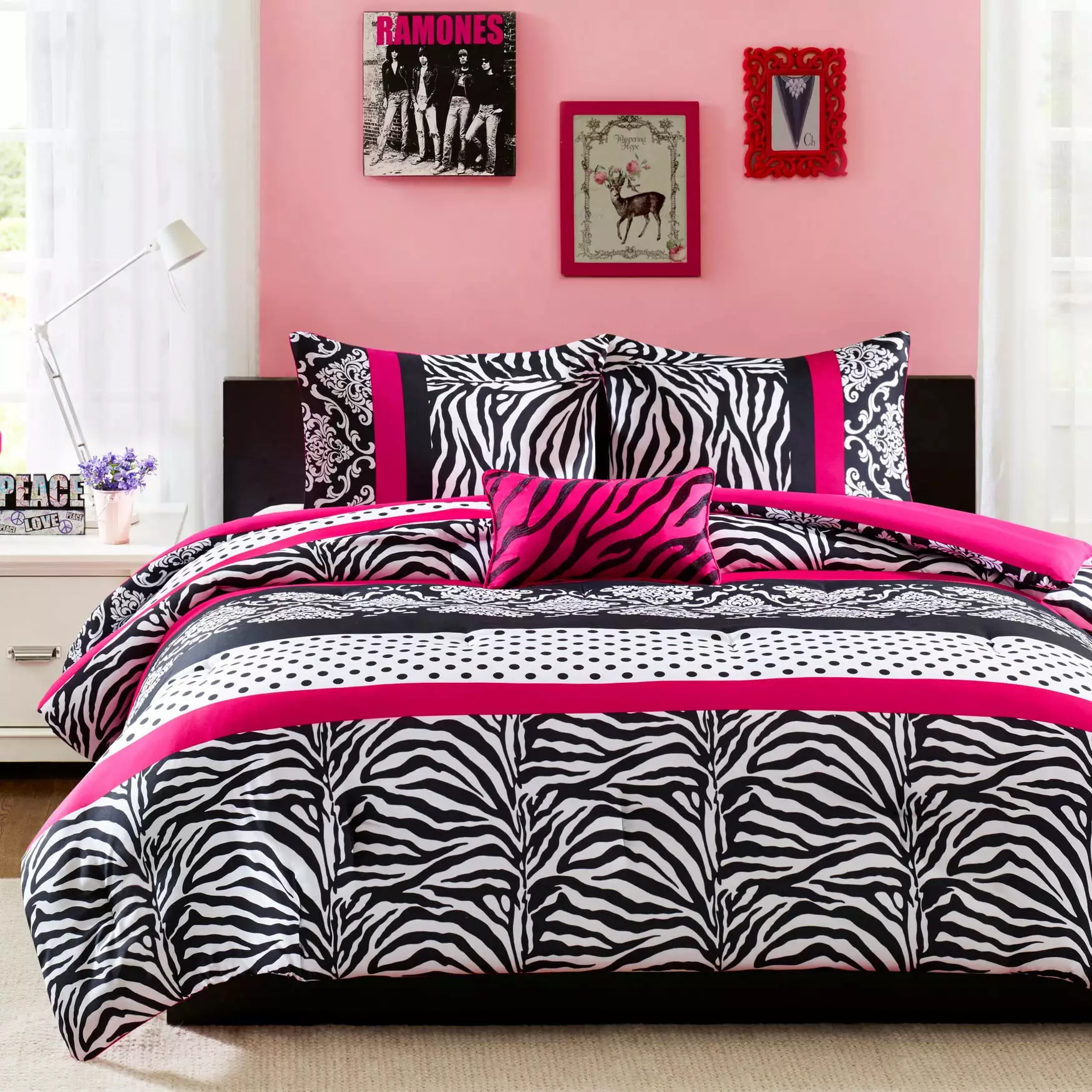 Mi Zone Full/Queen Child Comforter Set with Decor Pillow Pink Polka Dot Zebra Print 4Pcs Bedding