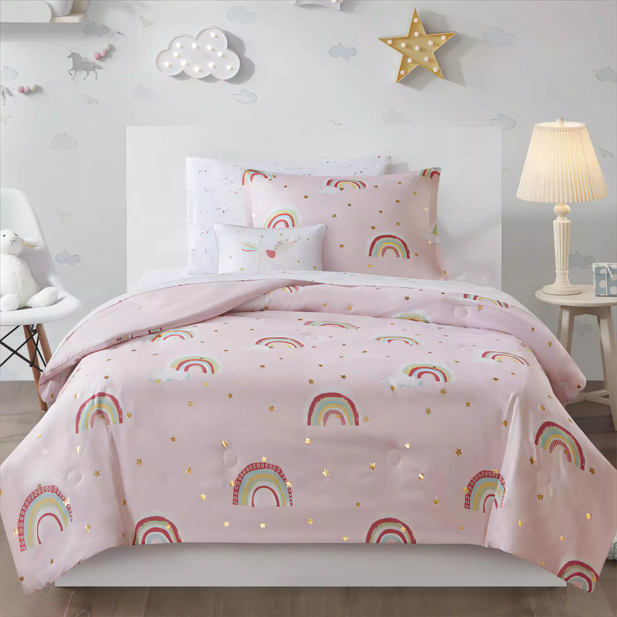 Mi Zone Kids Twin Rainbow and Metallic Stars Girls Comforter Set with Decor Pillow and Bed Sheets 6-Piece Child Bed in a Bag Pink