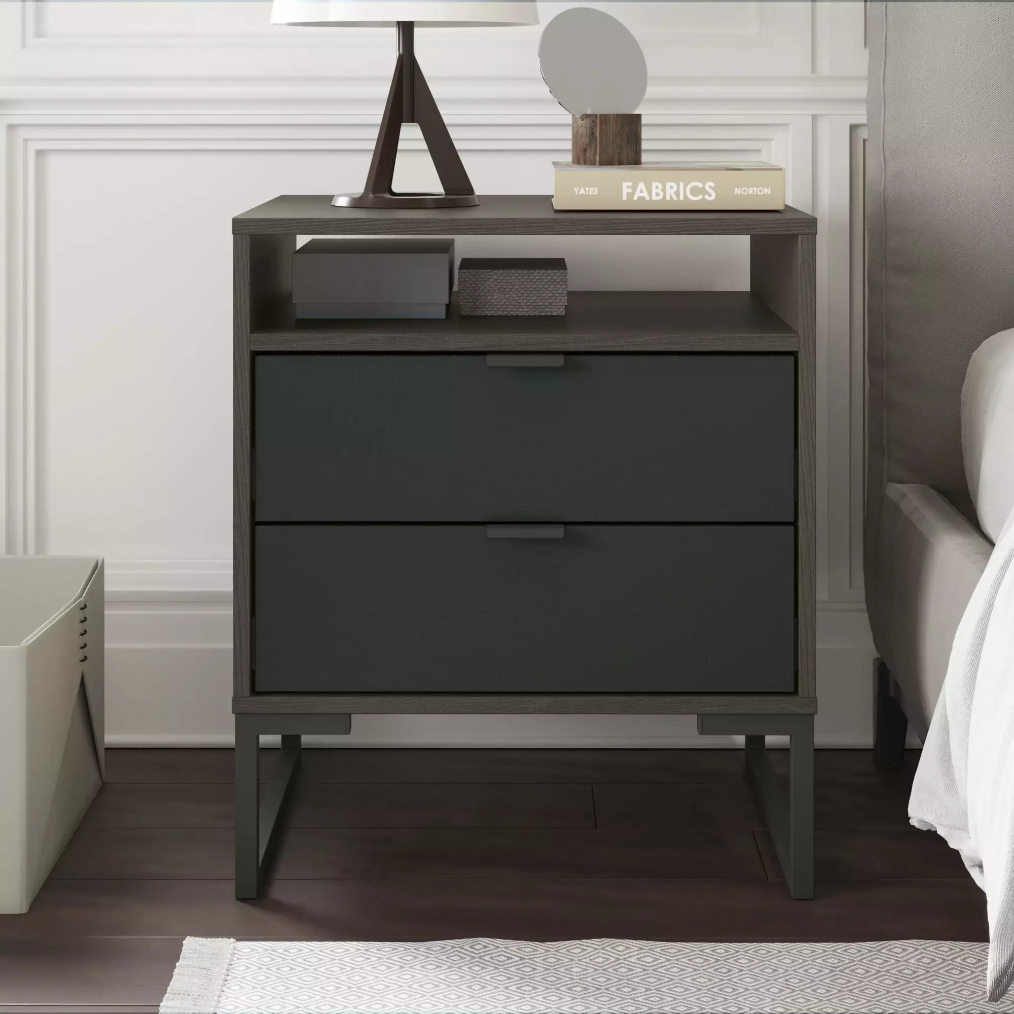 Mid-Century Modern Collins Nightstand - 2 Drawers & Niche - in Metro Brown/Black -