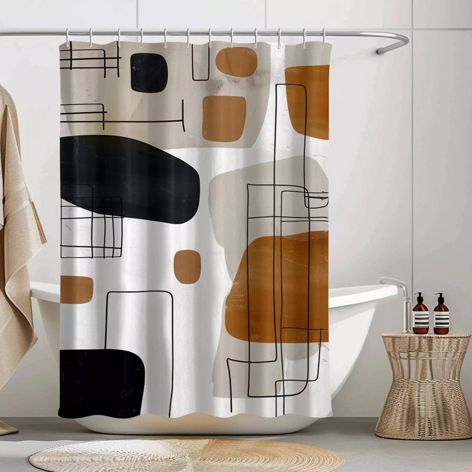 Midcentury Modern Abstract Art Shower Curtain in Neutral Tones with Black Accents Unique Design for Stylish Home Decor