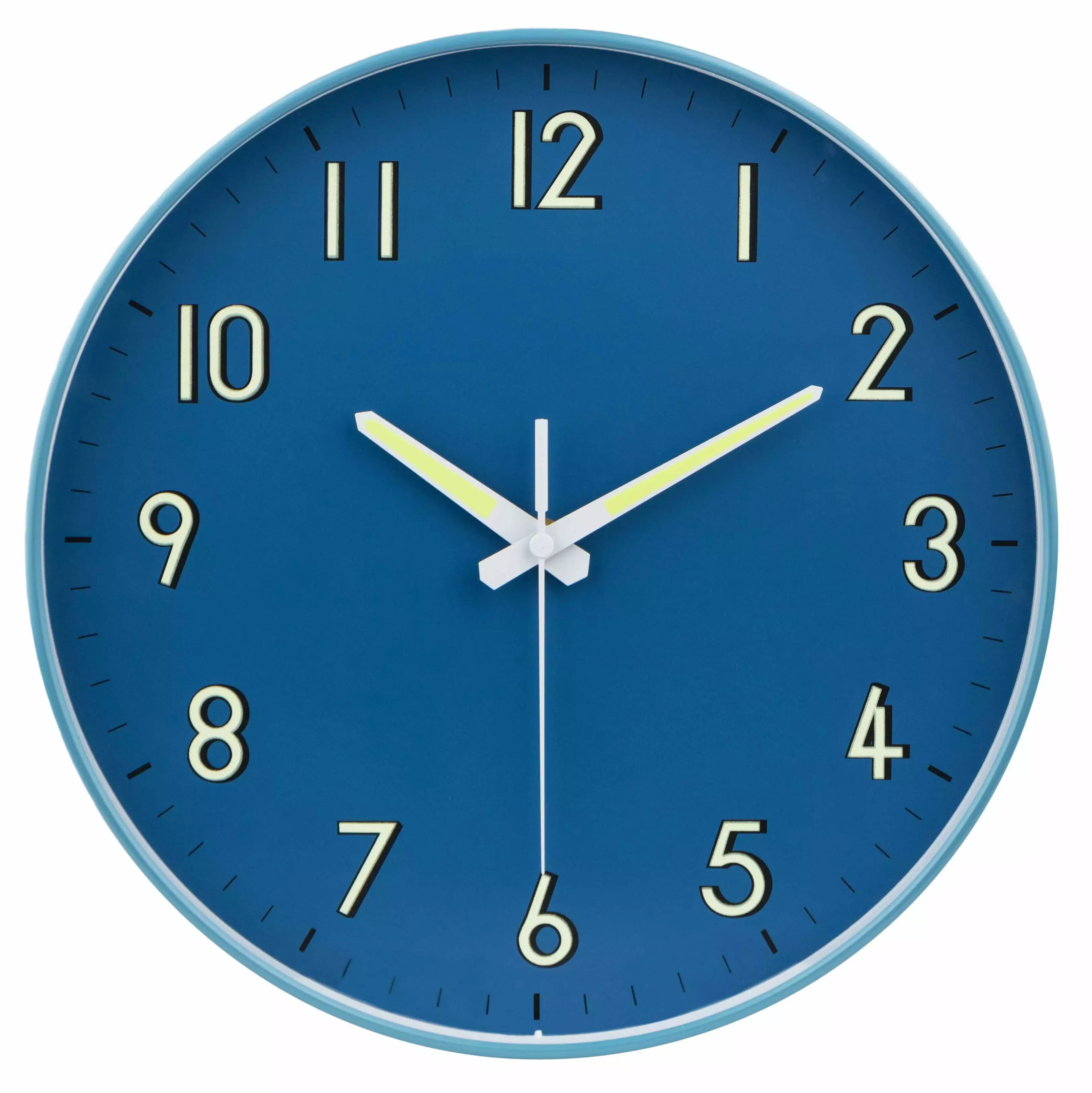 Midnight Blue Wall Clock with Silent Non Ticking Movement and Glow in The Dark Numbers and Hands by Timely Furnishings