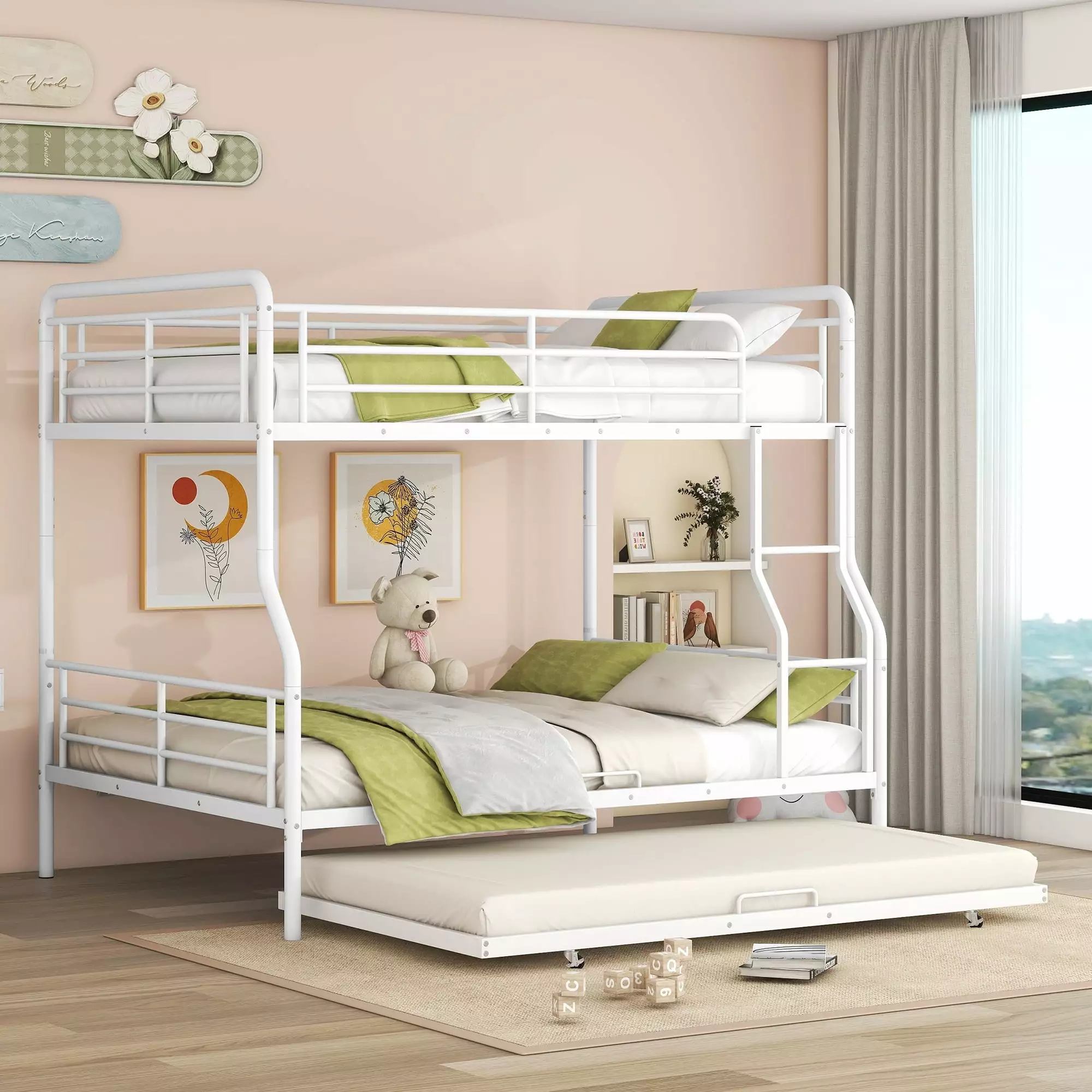 Miekor Furniture Full XL Over Queen Metal Bunk Bed with Twin Size Trundle. White 26AAK