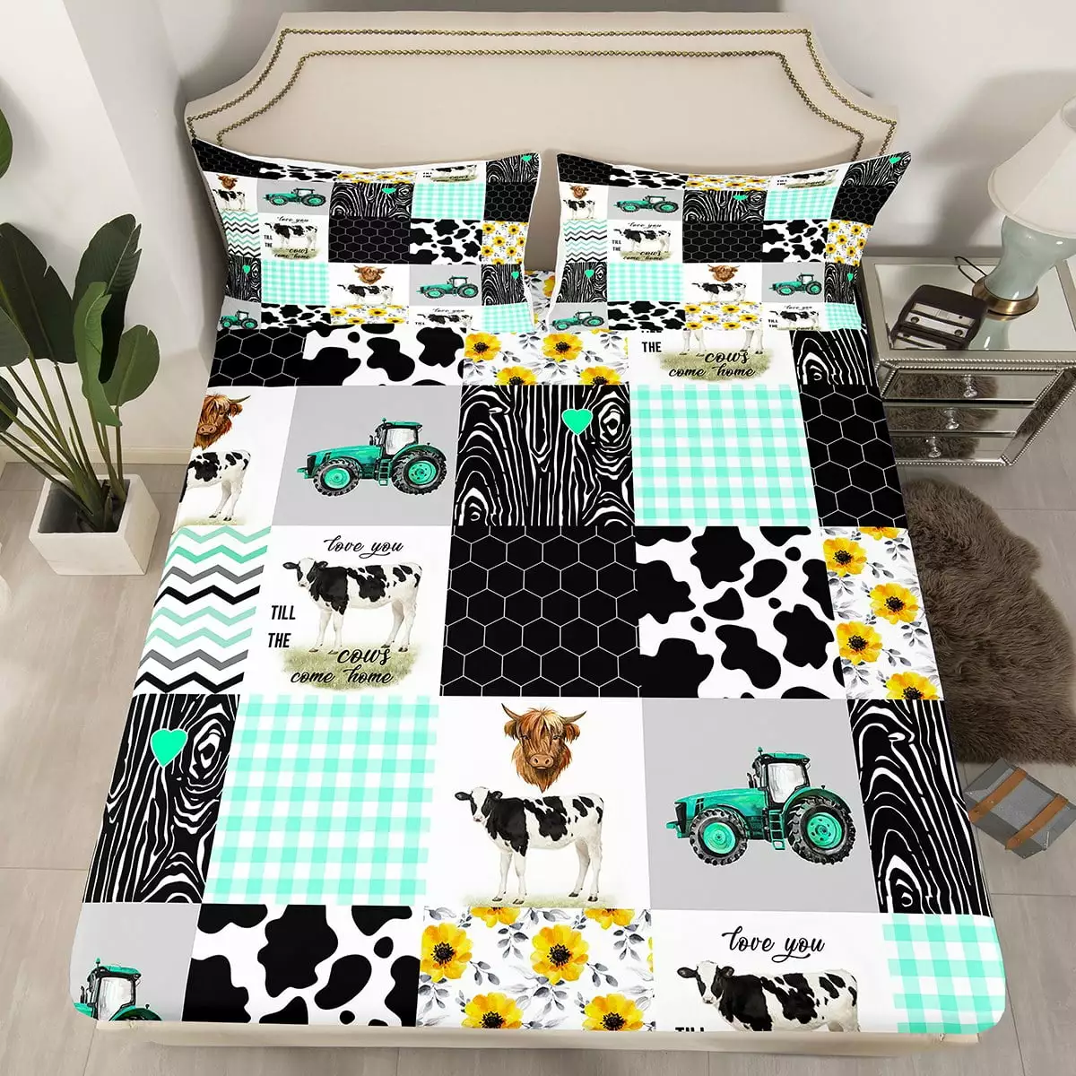 Milk Cow Print Bed Sheets.Boys Trucks Tractor Construction Sheets.Farm Animal Bull Highland Cow Fitted Sheet.Teal Buffalo Plaid Grid Patchwork Beehive Yellow Flower Rustic Decor