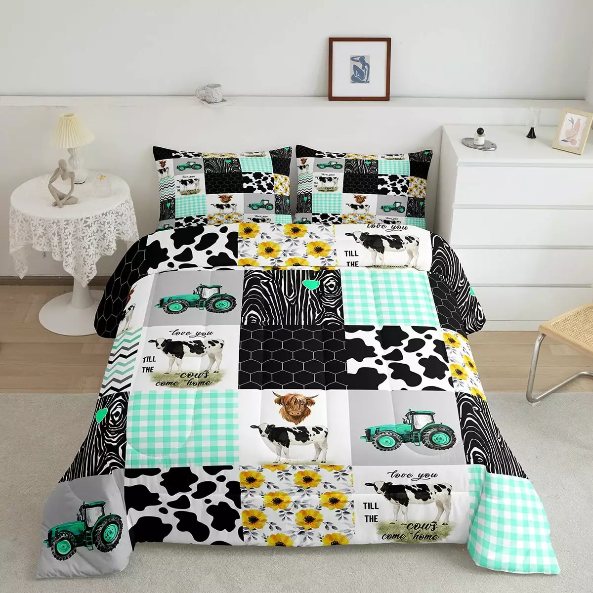 Milk Cow Print Bedding.Boys Trucks Tractor Construction Down Comforter.Farm Animal Bull Highland Cow Comforter Set.Teal Buffalo Plaid Grid Patchwork Quilt Twin Beehive Yellow Flower Rustic Decor