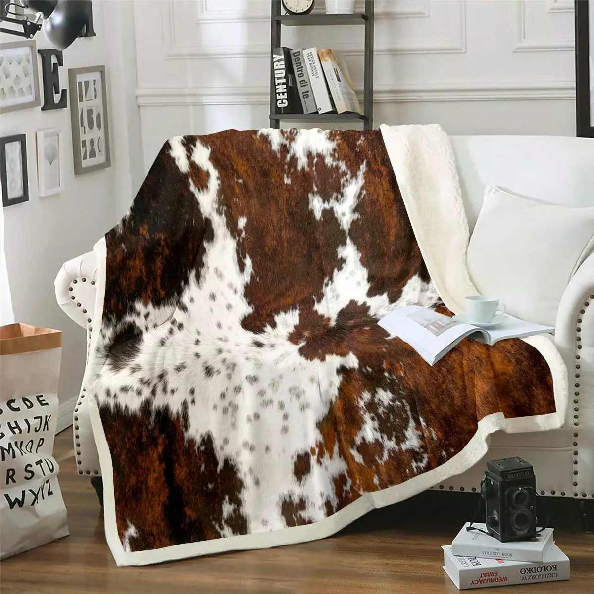 Milk Cow Print Throw Blanket for Bed Chair.Black Brown Cowhide Fleece Blanket 50x60.Farmhouse Rustic Animal Skin Western Blanket.Bull Cattle Wildlife Sherpa Blanket Bohemian Exotic Decor