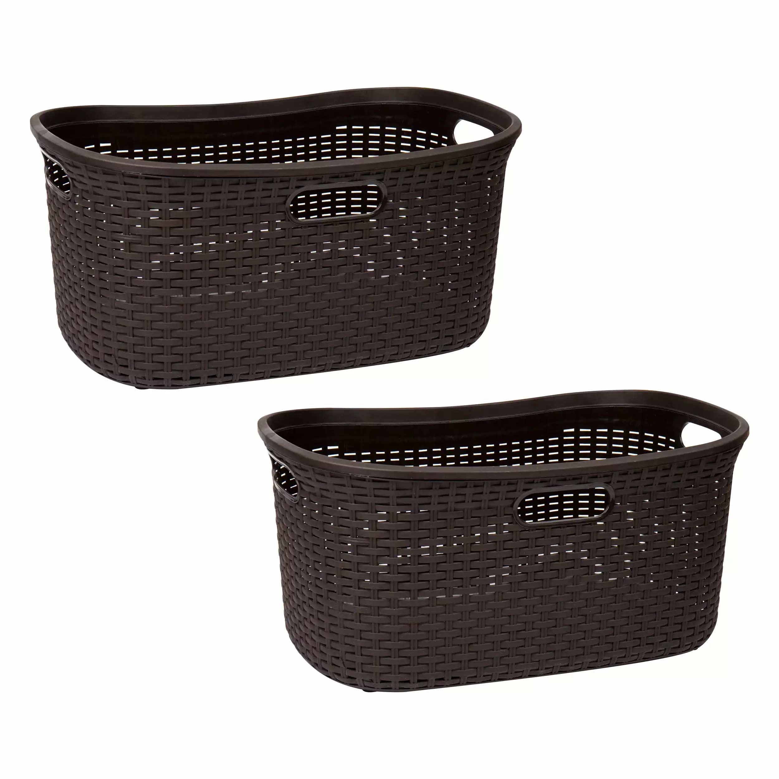 Mind Reader 40L Laundry Basket. Clothes Hamper. Lid. Wicker Design. Plastic. 23L x 14.5W x 11H. Set of 2. Brown