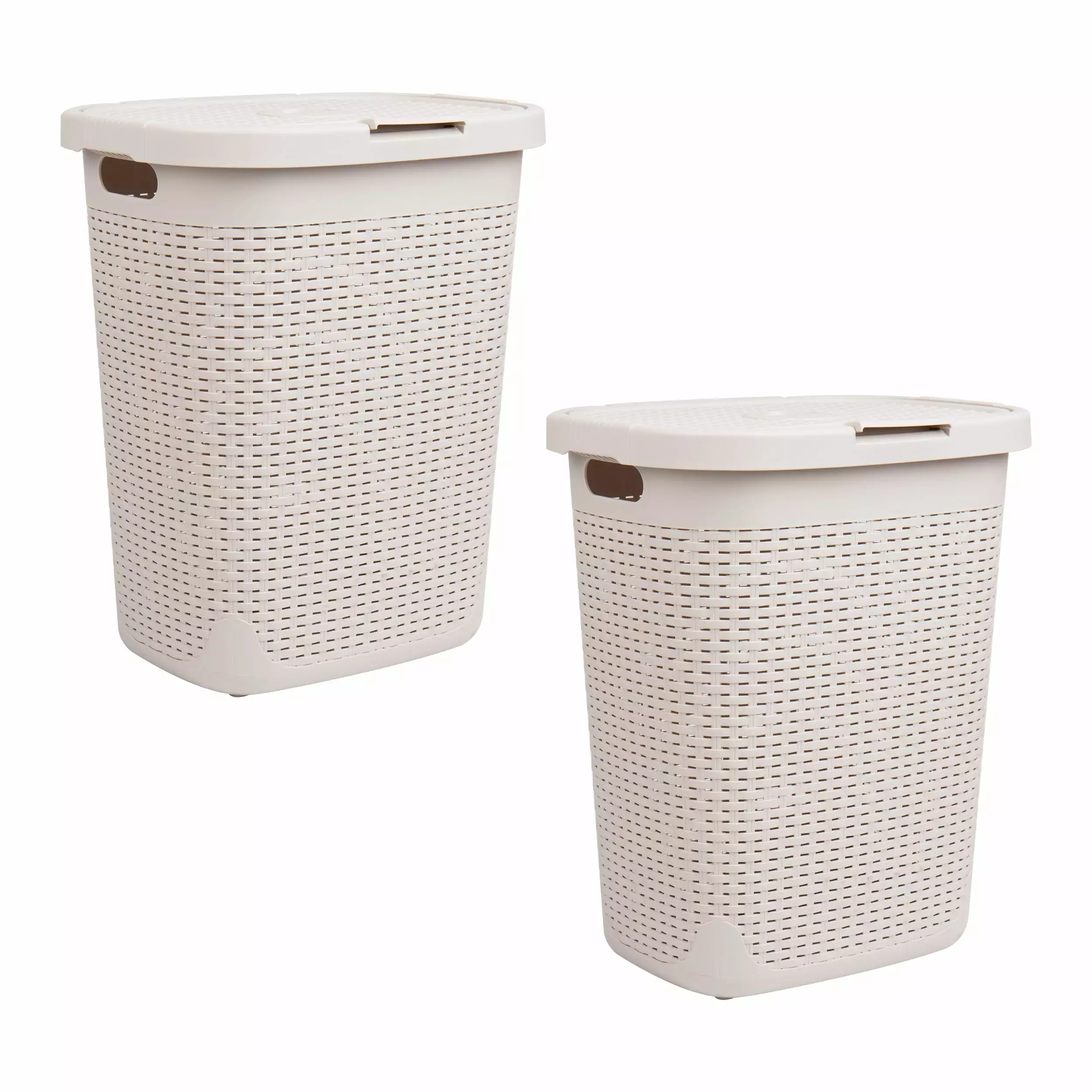 Mind Reader 50L Slim Laundry Hamper. Clothes Basket. Lid. Wicker Design. Plastic. 17.65L x 13.75W x 21H. Set of 2. Ivory