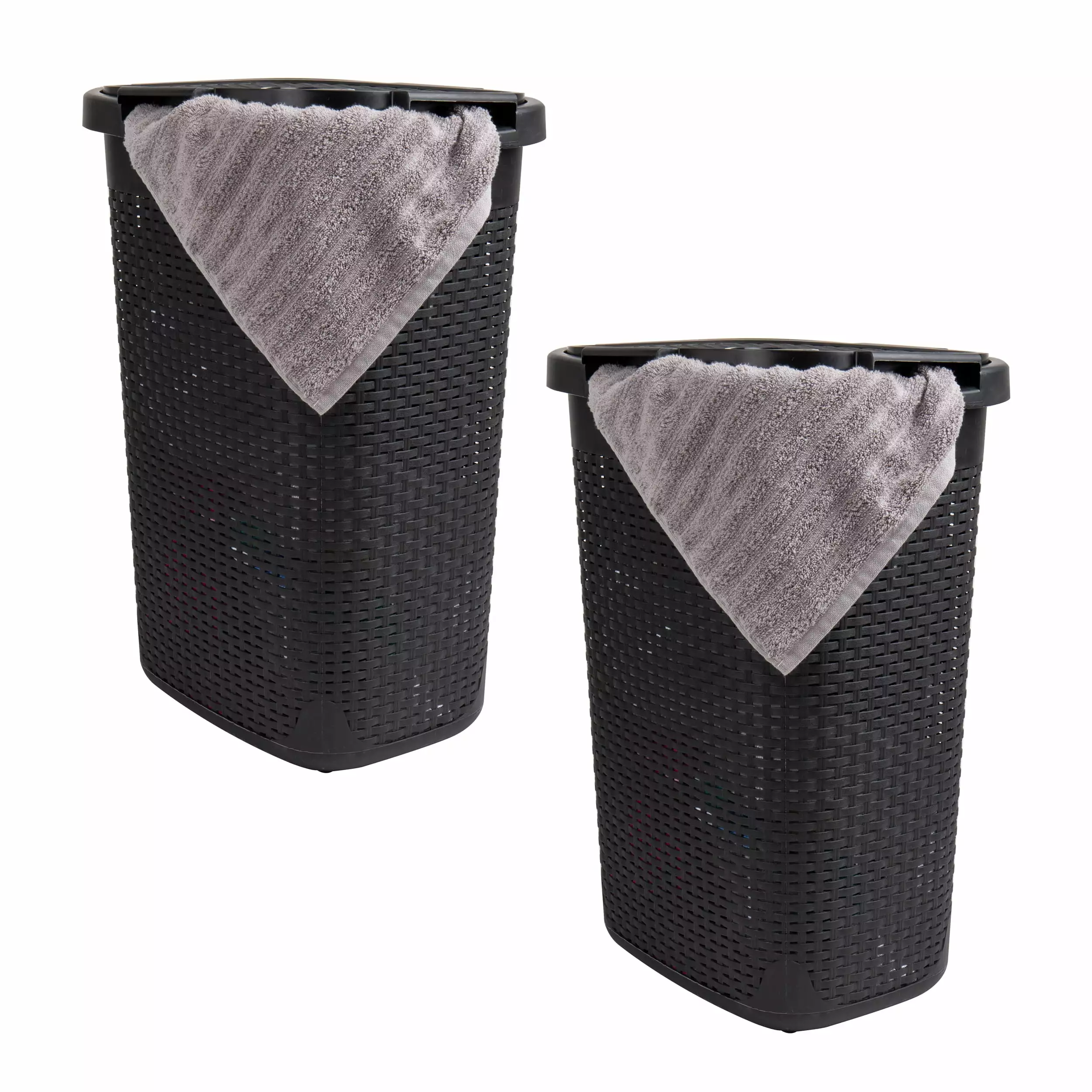 Mind Reader 60L Slim Laundry Hamper. Clothes Basket. Lid. Wicker Style. Plastic. 17.65L x 13.75W x 24.15H. Set of 2. Black