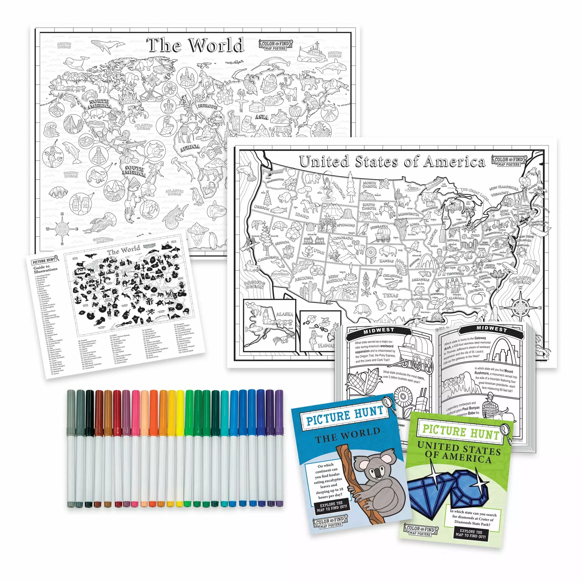 MindWare Color & Find Map Posters: USA and World - 2 Poster Sized Maps of the US 28w x 40h & World 30w x 24h - Learning Geography. Landmarks & Cultures for Kids - Ages 6+