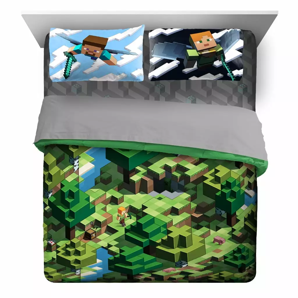 Minecraft Day & Night 7 piece Queen Bed Set with Sham. 100% Microfiber. Gaming Bedding