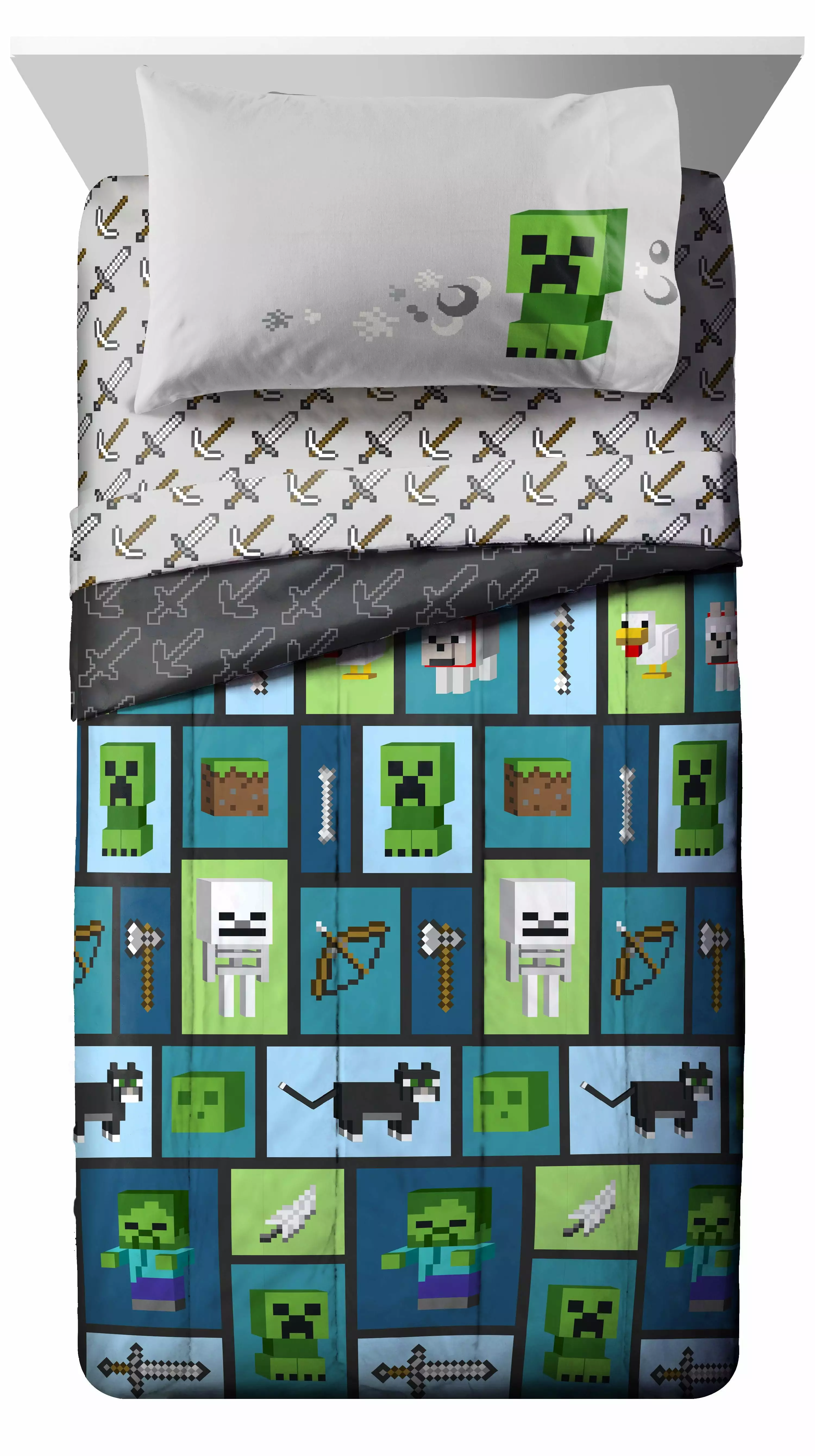 Minecraft Green/Blue Collage Kids Bed-in-a-Bag Bedding Set w/ Reversible Comforter. Gaming Bedding