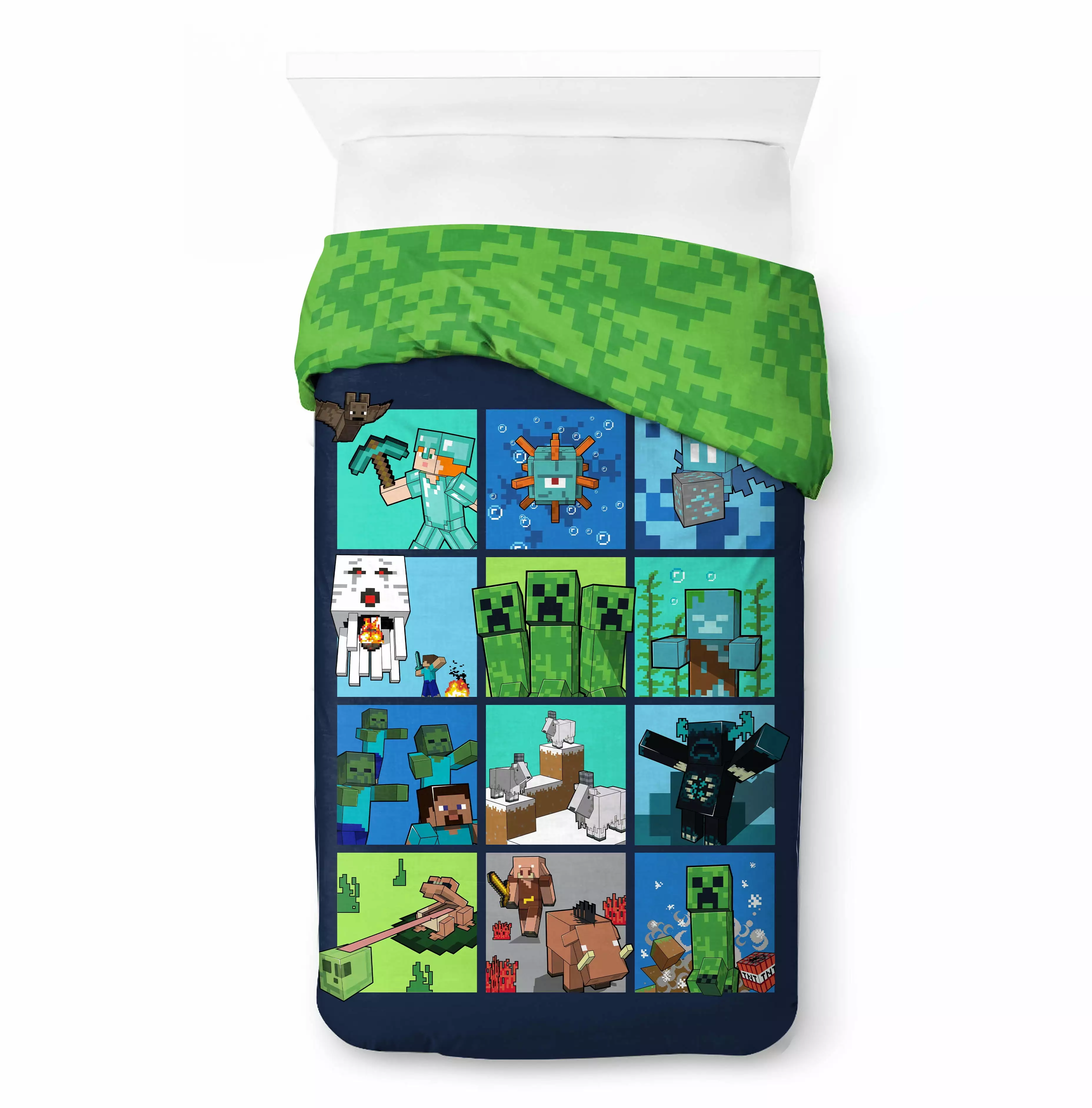 Minecraft Kids 2-Piece Twin/Full Reversible Comforter Set. Microfiber. Green. Mojang