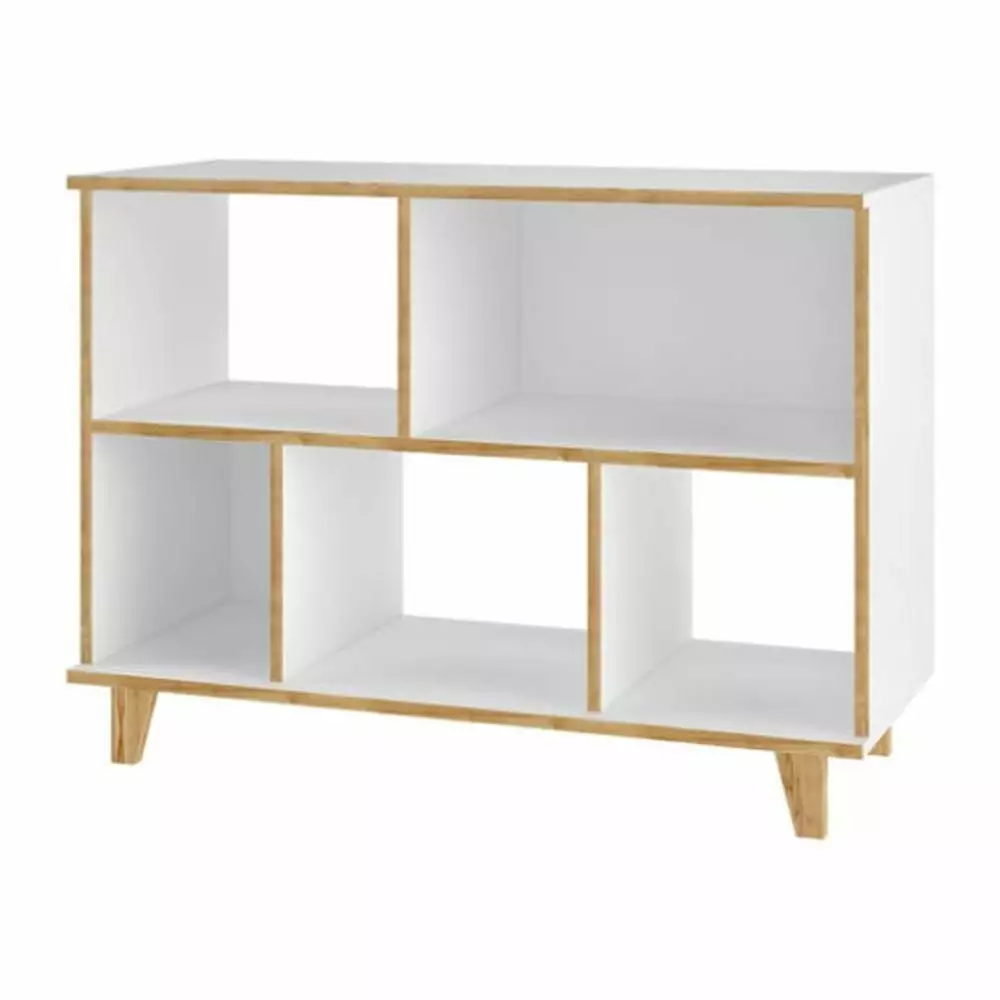 Minetta 5-Shelf Mid Century Low Bookcase. White