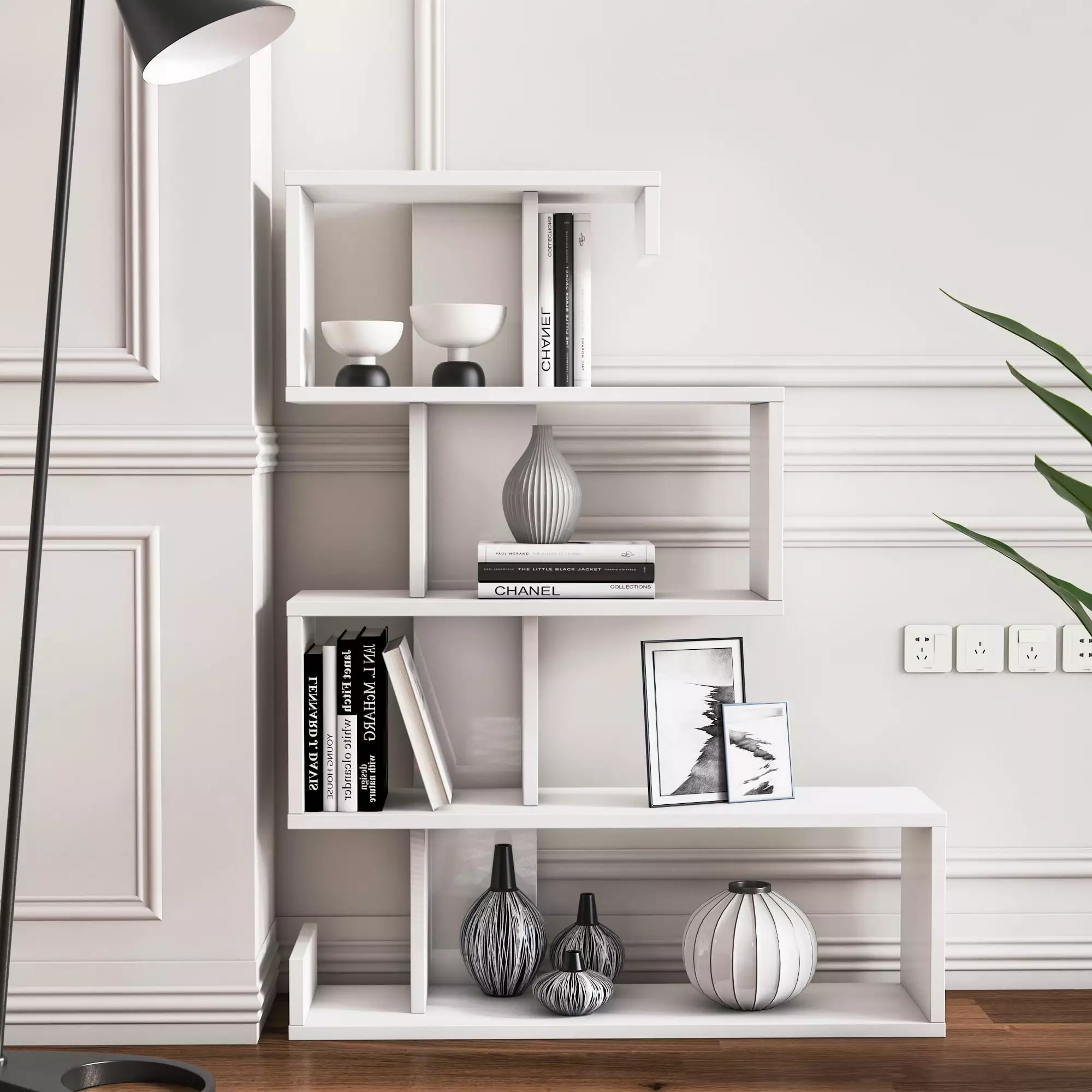 MinimaDecor Longway 40. 5 Tier Modern. Freestanding. Multifunctional Bookcase. White Finish