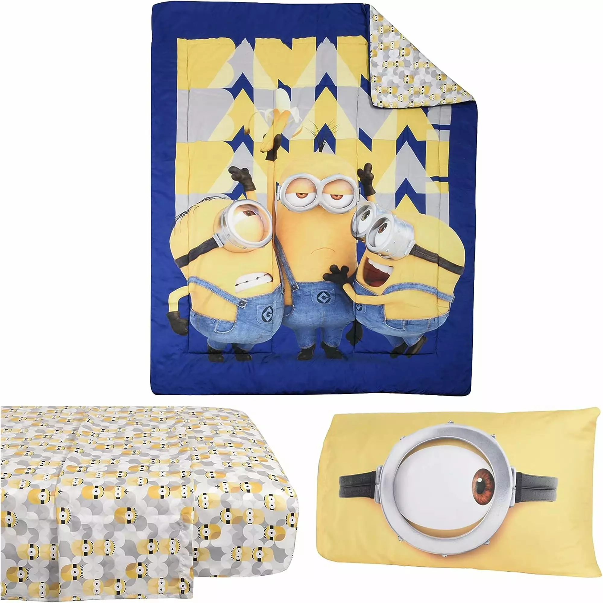 Minions Despicable Me Soft Bedding Sheet Set with Reversible Comforter Twin Bed in Bag 4 Pcs Set for Kids