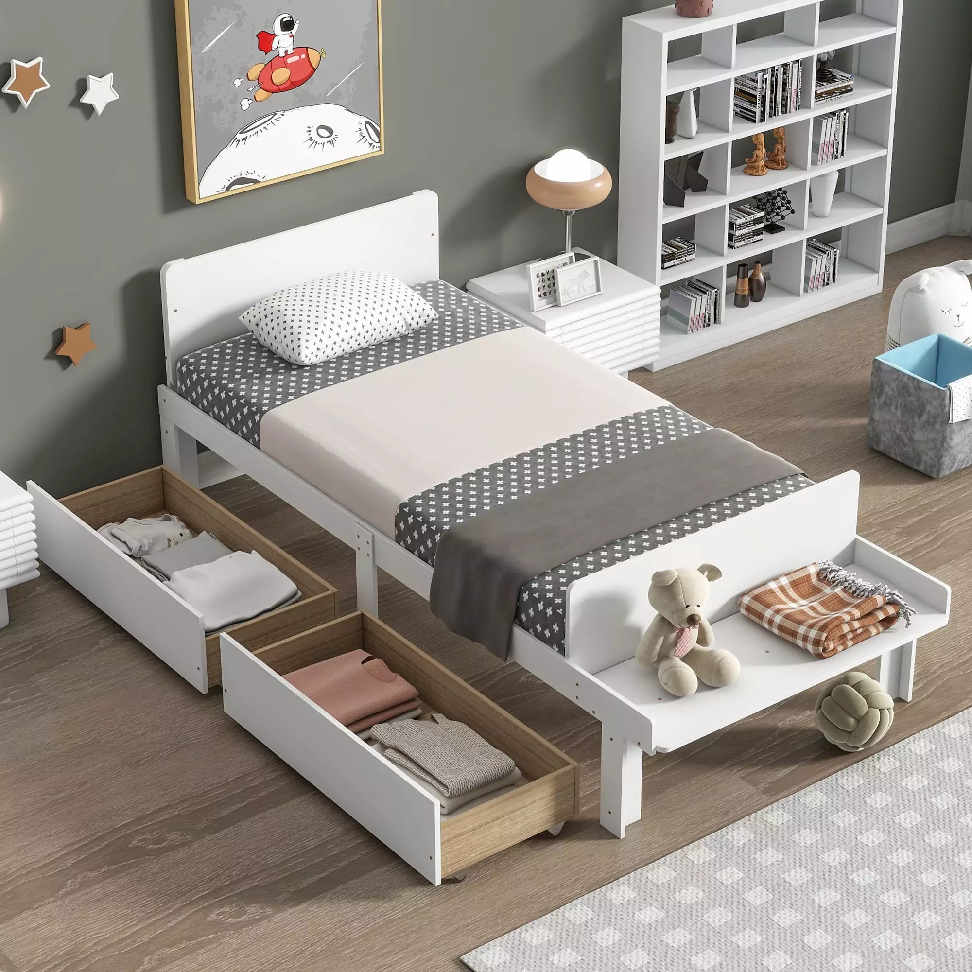 Miniyam Wood Twin Size Bed with Bed-End Bench & Drawers for Kids. White