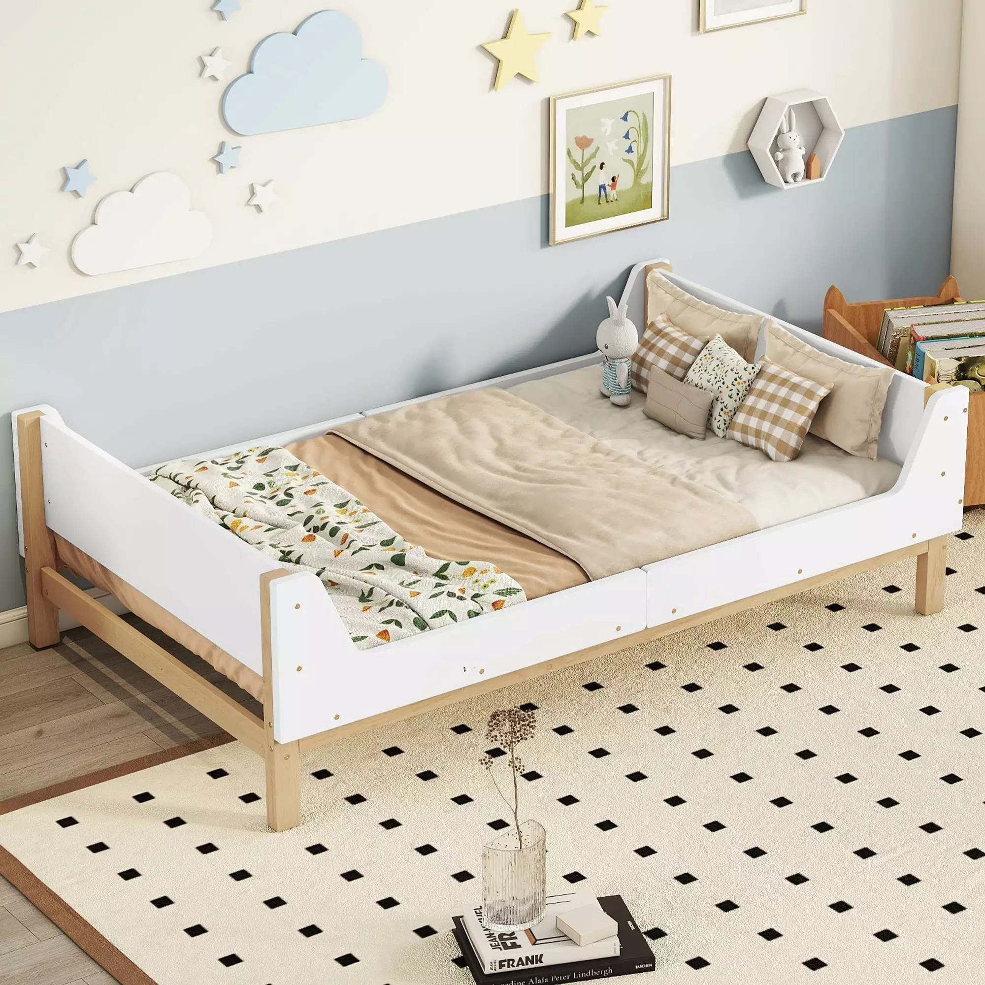 Miniyam Twin Size Bed Frame with Headboard & Footboard. Built-in Bed-end Shelves. White