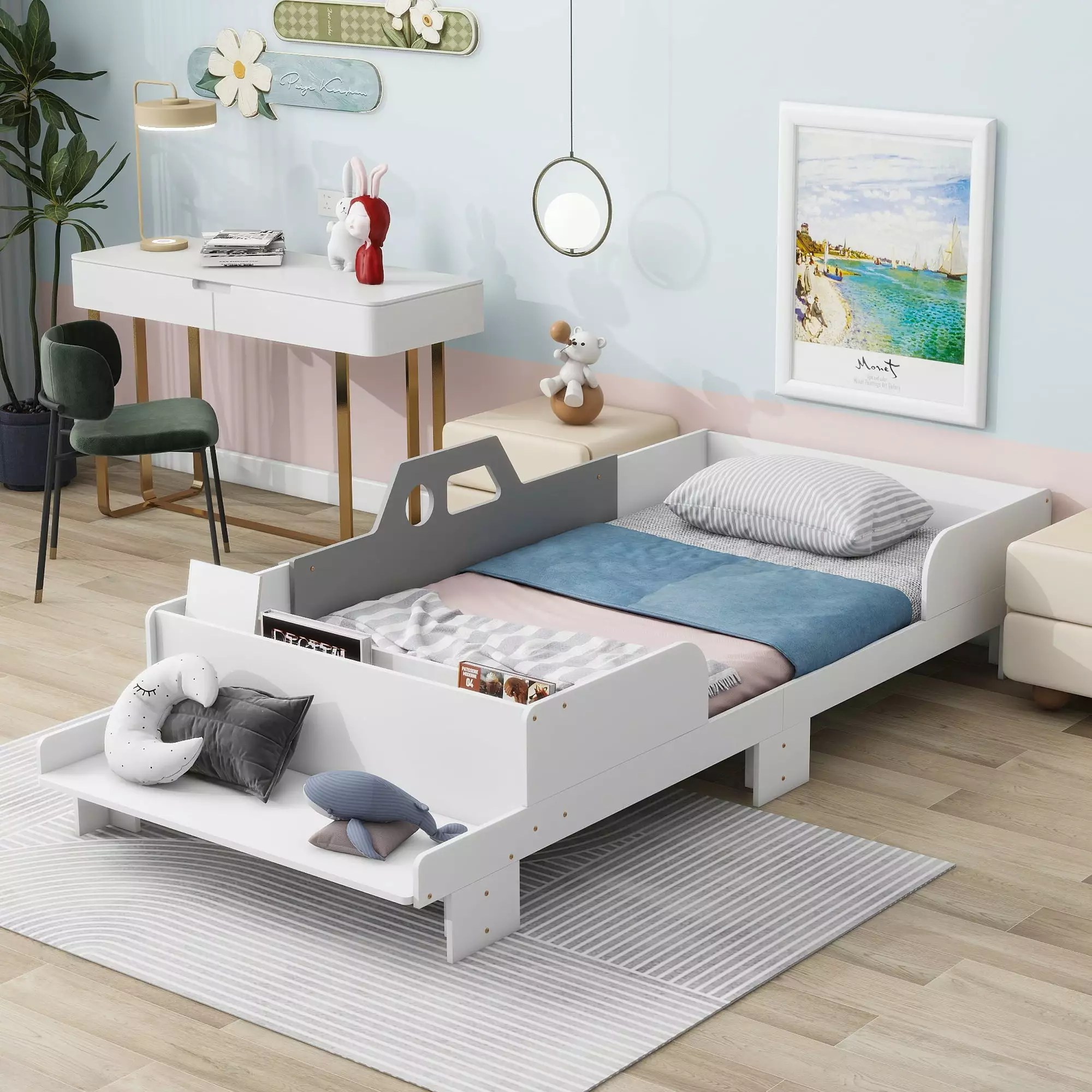 Miniyam Twin Size Bed with Bench for Kids. Car-Shaped Design. White