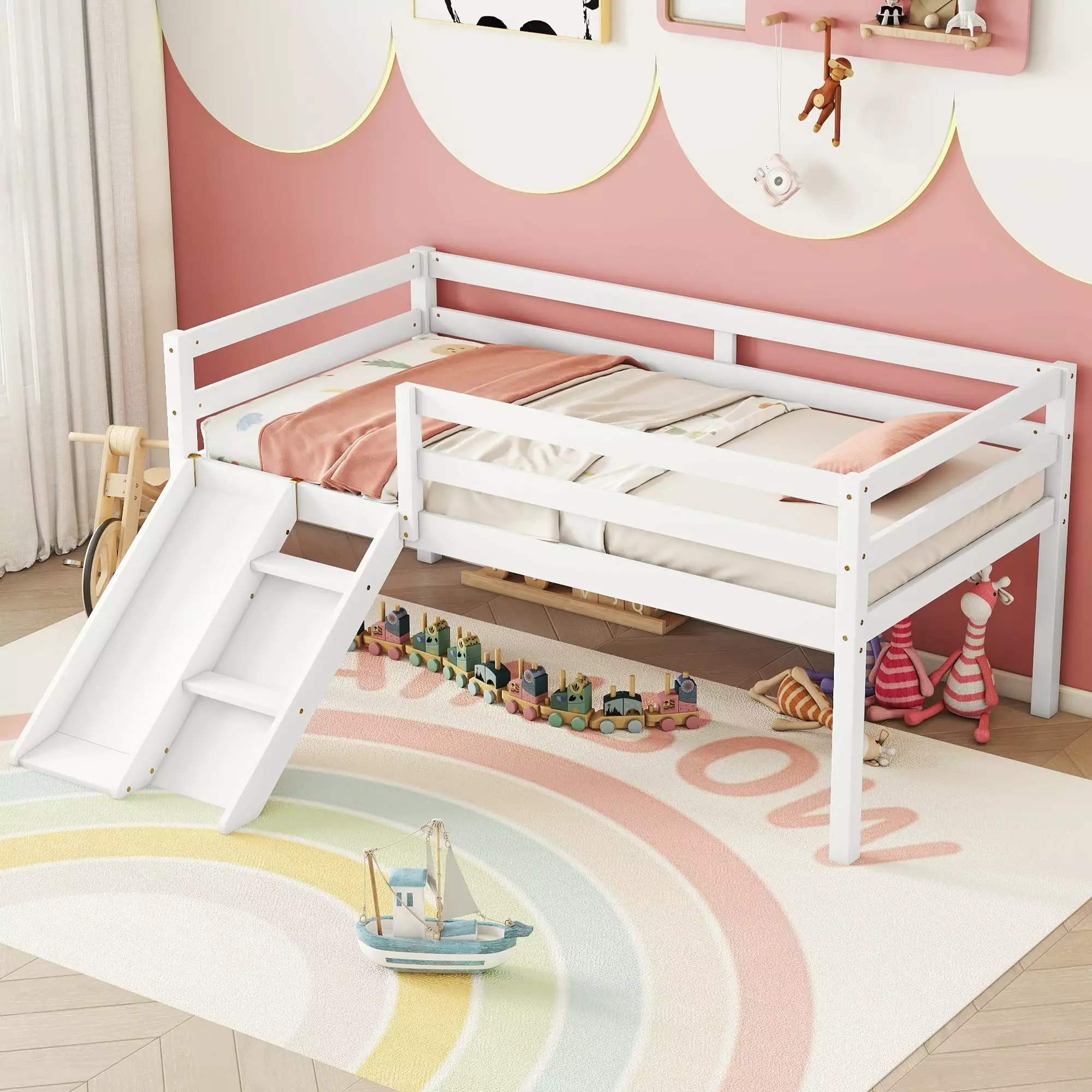 Miniyam Twin Size Loft Bed with Slide. Ladder. Safety Guardrails for Boys. Girls. White