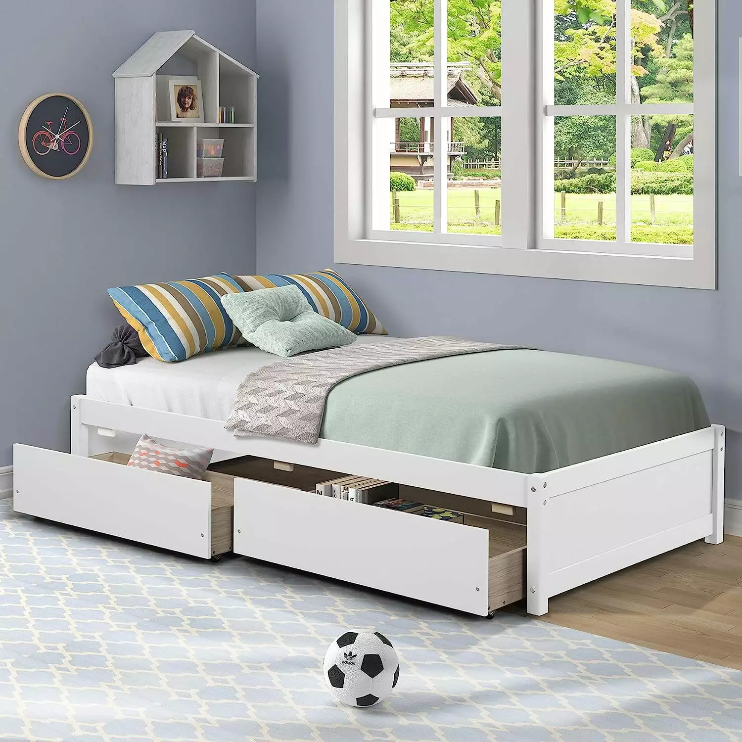 Miniyam Twin Size Platform Bed Frame with 2 Storage Drawers for Kids. White