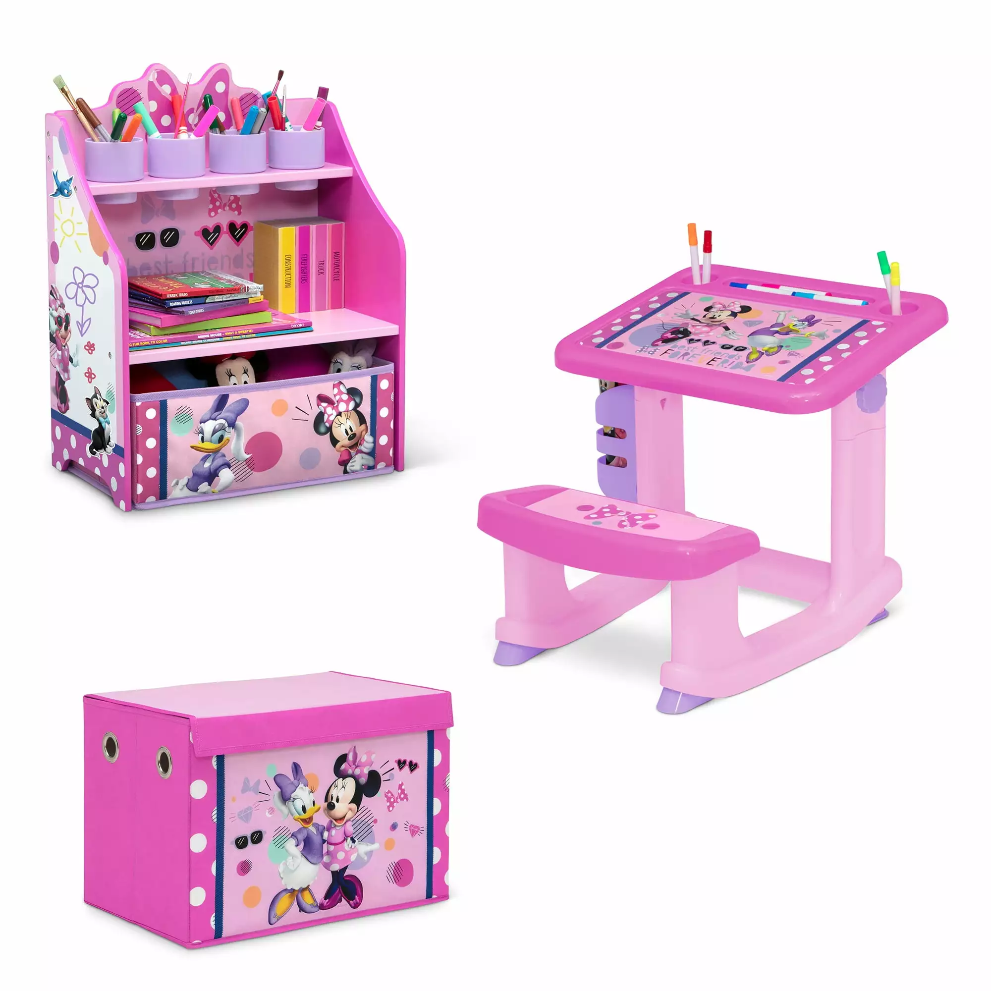 Minnie Mouse 3-Piece Art & Play Toddler Room-in-a-Box by Delta Children ?C Includes Draw & Play Desk. Art & Storage Station & Fabric Toy Box. Pink