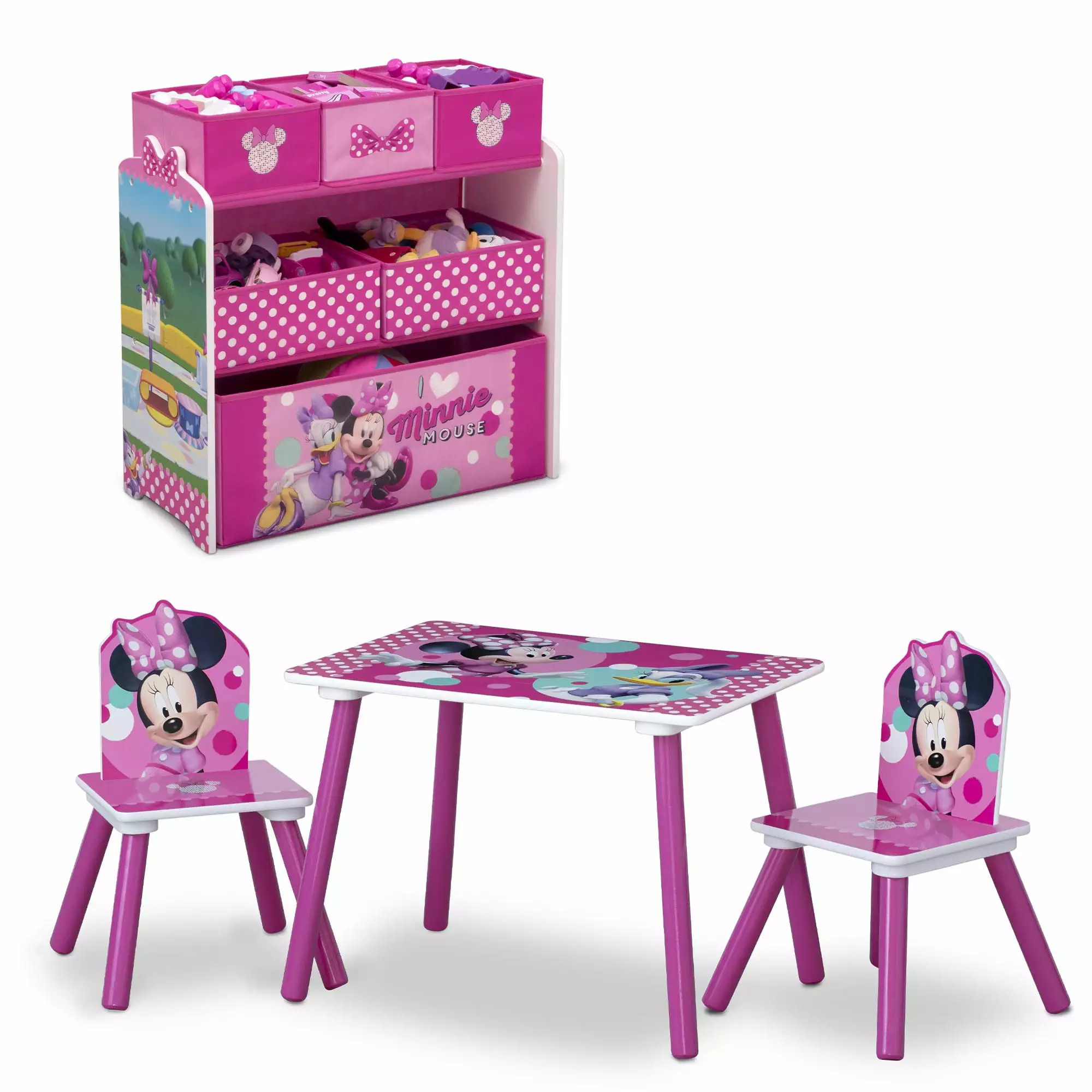 Minnie Mouse 4-Piece Wood Toddler Playroom Set ?C Includes Table. 2 Chairs & Toy Bin. Pink