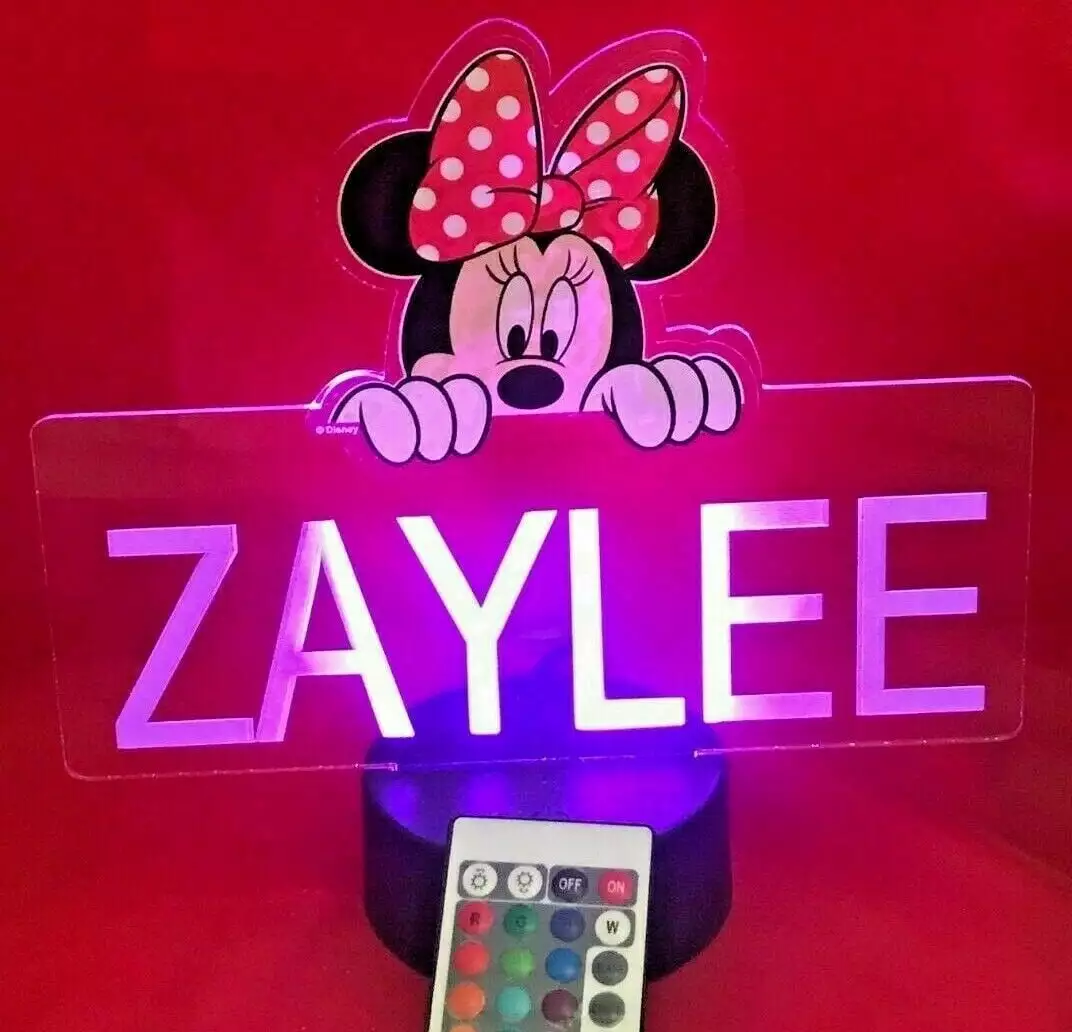 Minnie Mouse Princess Night Light Up Table Lamp Personalized Free Engraved Made to Order. Home Girls Room Decor. 16 Bright Color Options. with Remote. A Must Have!